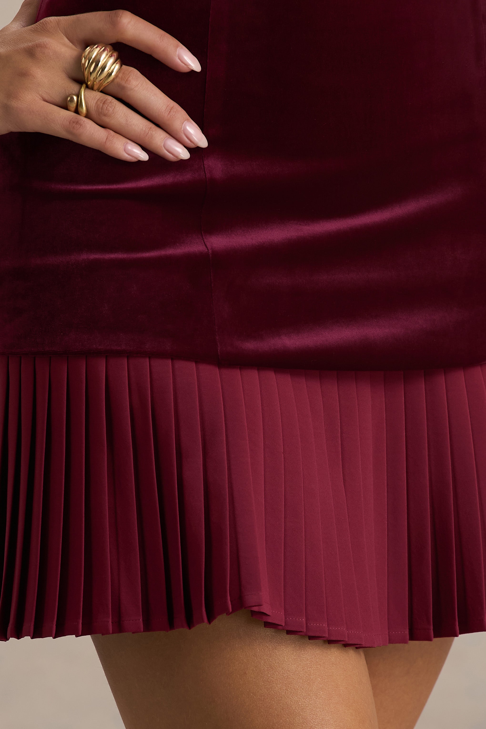 Valentina | Burgundy Velvet Bandeau Mini Dress With Pleated Detailing