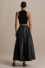 Noa | Black Faux Leather A-Line Midi Skirt