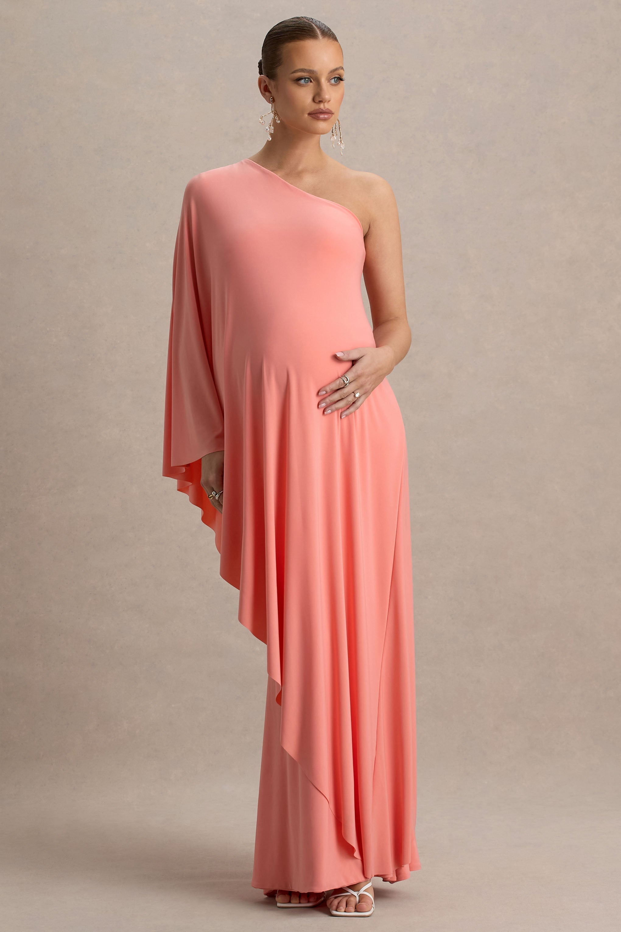 Waves | Coral Asymmetric Maternity Maxi Dress With One-Sleeve Cape