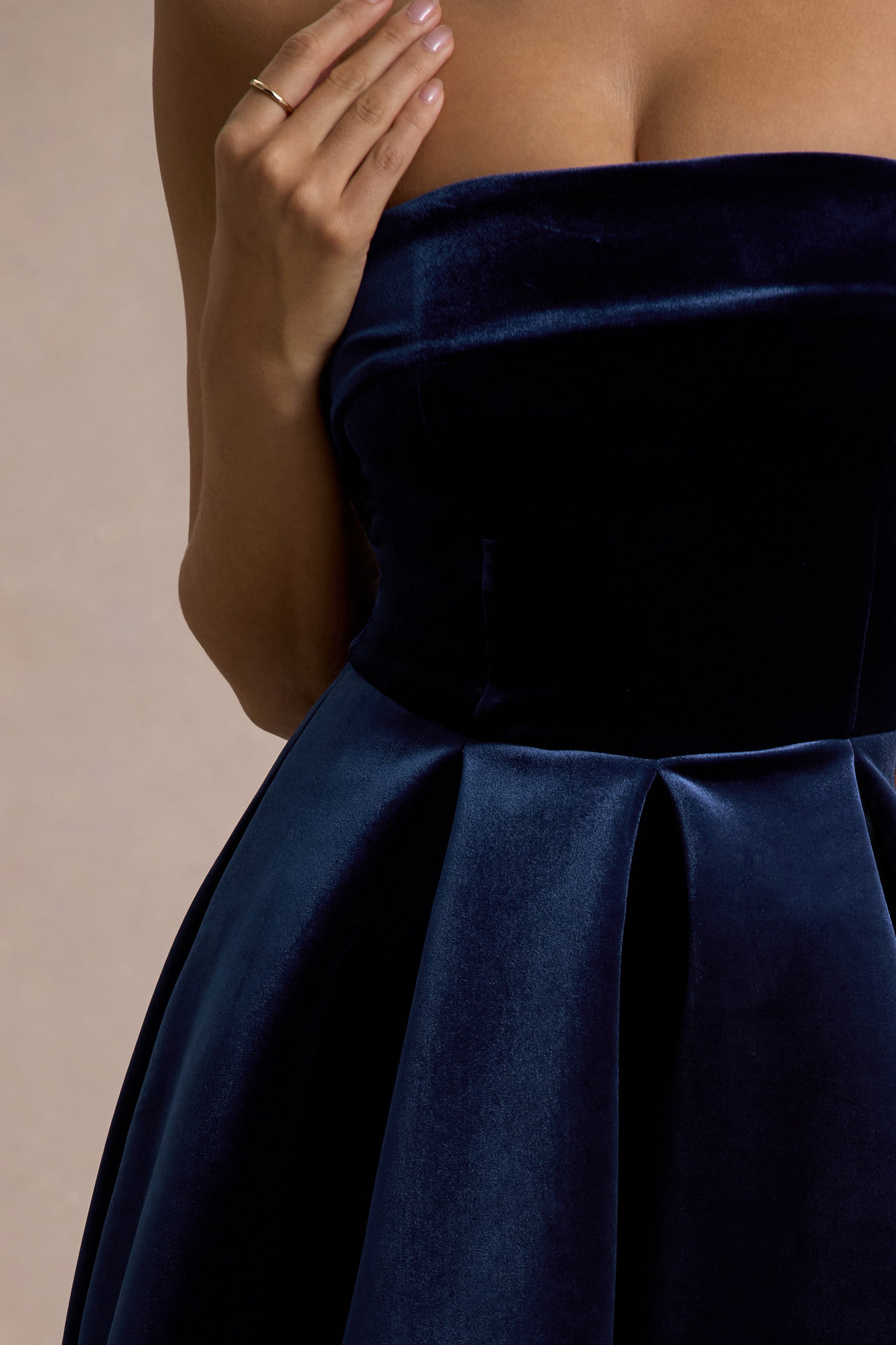 Addina | Navy Velvet Bandeau Skater Midi Dress