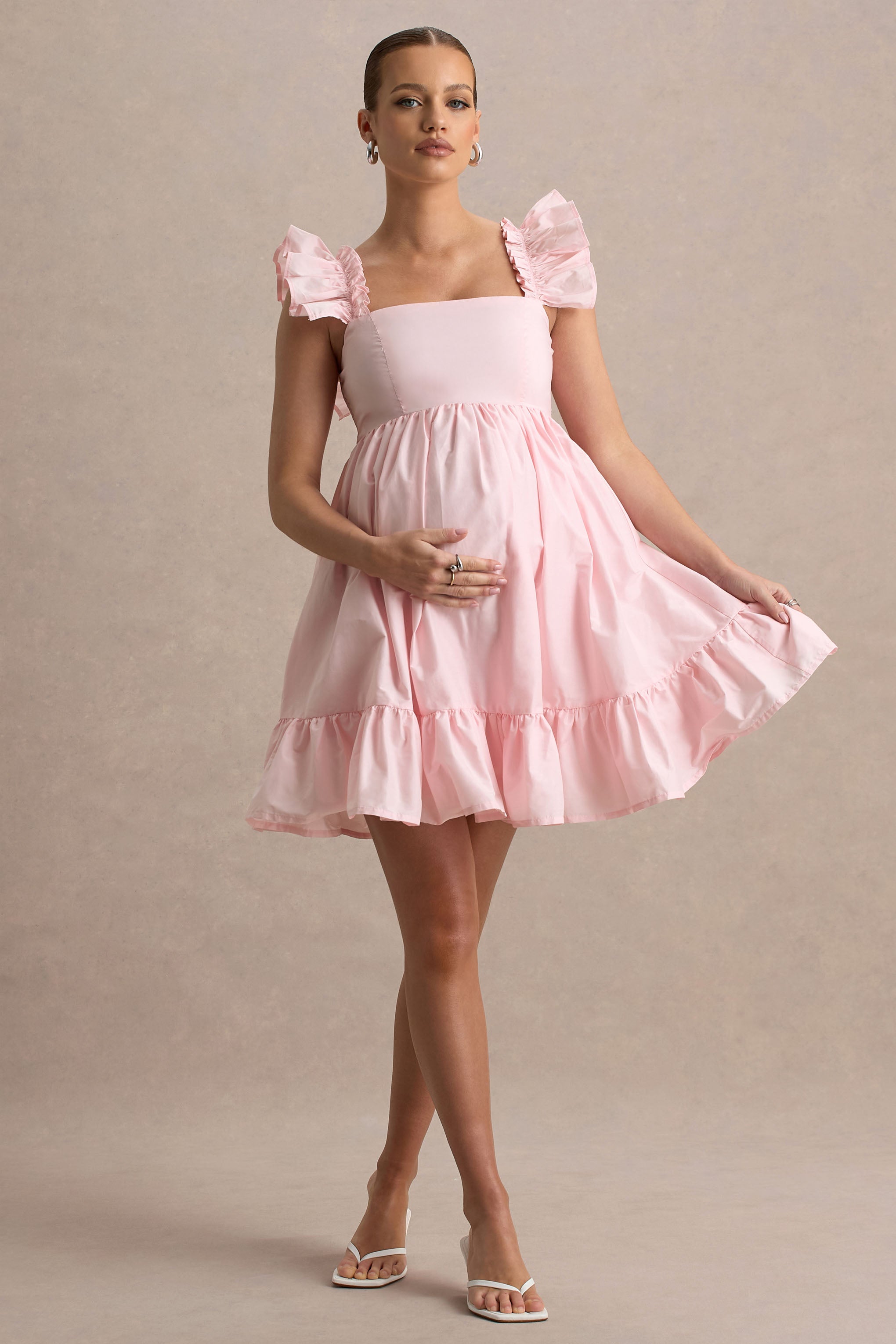 Dolly Daze | Blush Ruffle Sleeve Babydoll Maternity Mini Dress