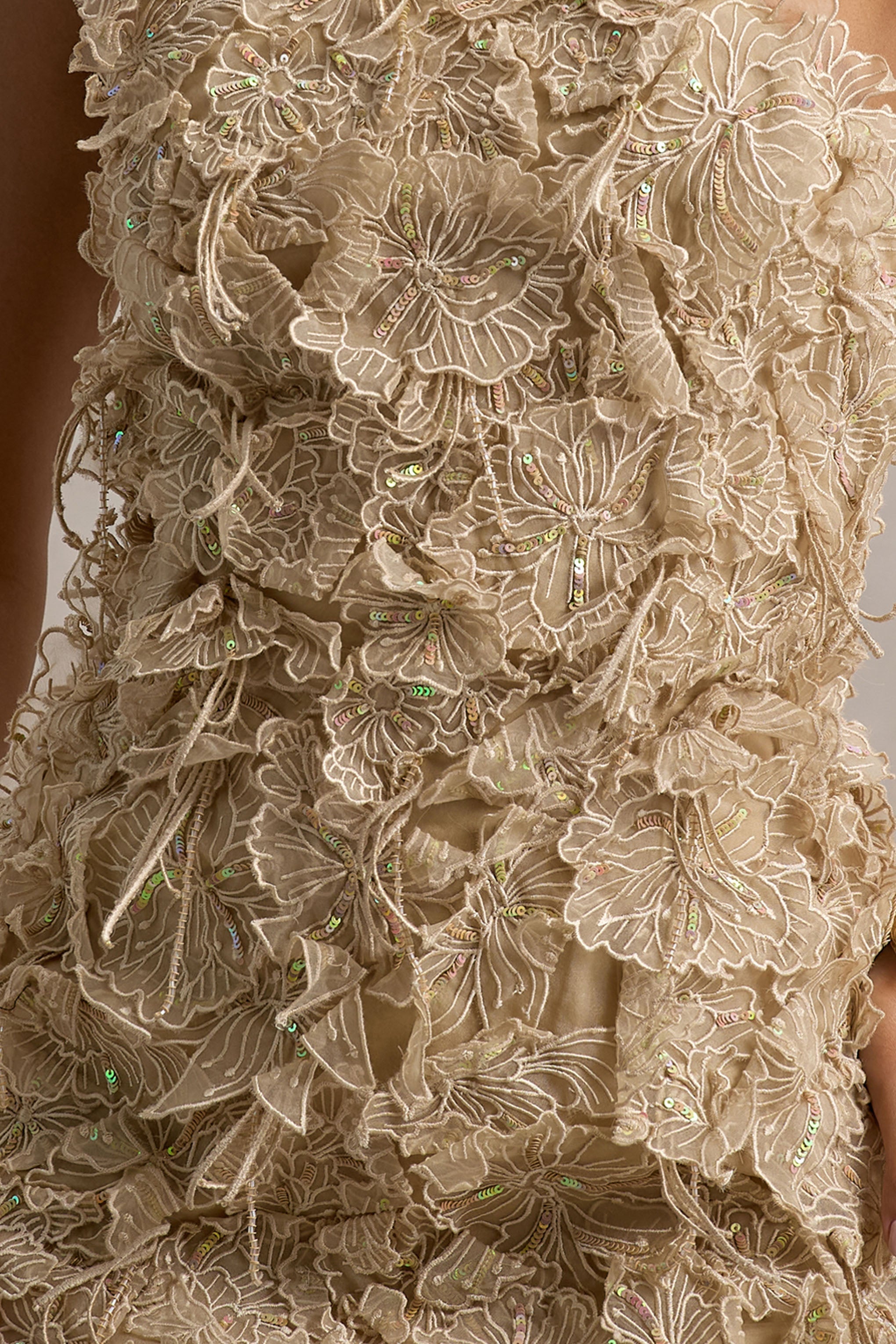 Kamara | Nude Sequin Floral Halter-Neck Mini Dress