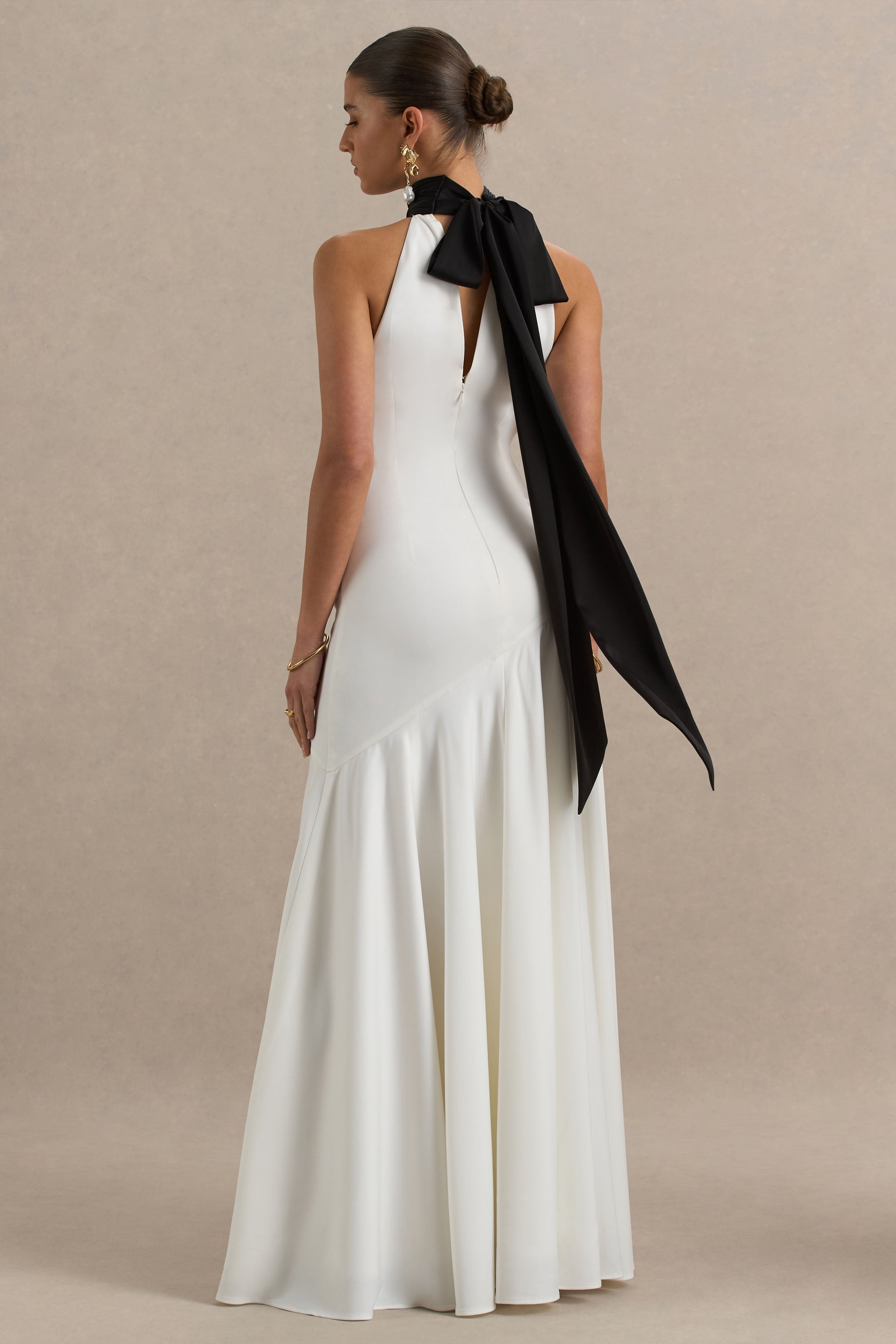 Luscious | White And Black High-Neck Maxi Dress With Drop-Waist And Bow Detail