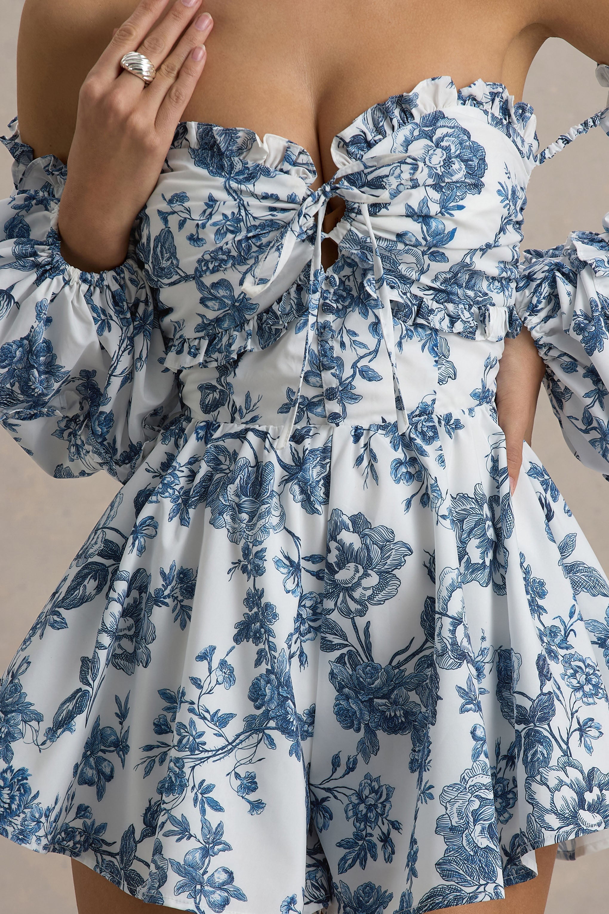 Ithaca | Blue Porcelain Print Bardot Ruffled Playsuit