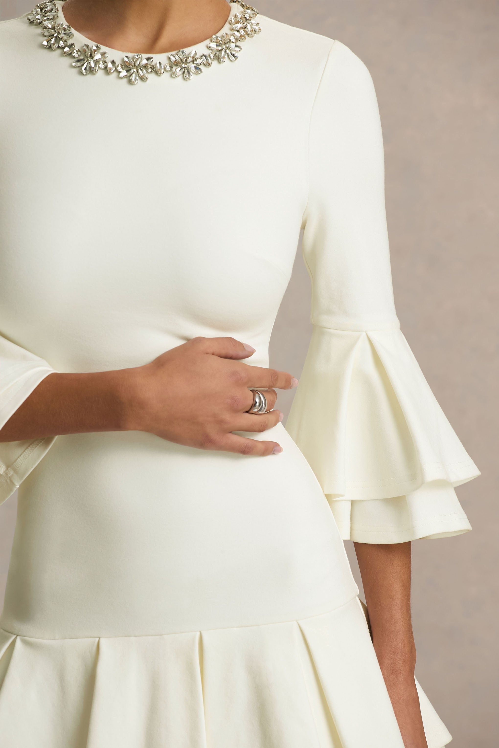 Mirna | Burgundy Crew-Neck Mini Dress With Bell Sleeves And Ruffled Detailing