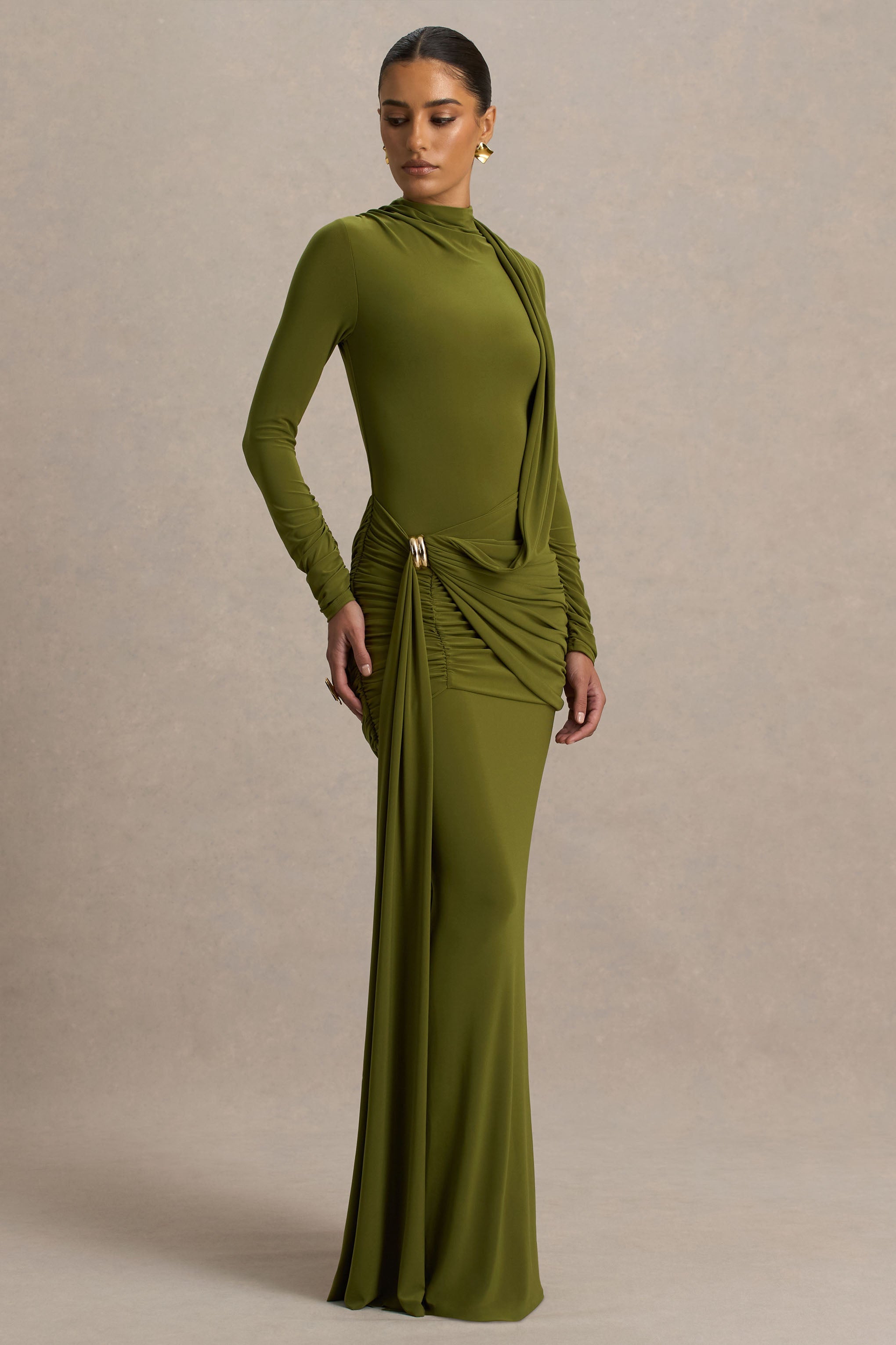 Melissa | Olive Long-Sleeve Wrap Maxi Dress With Draped Detailing