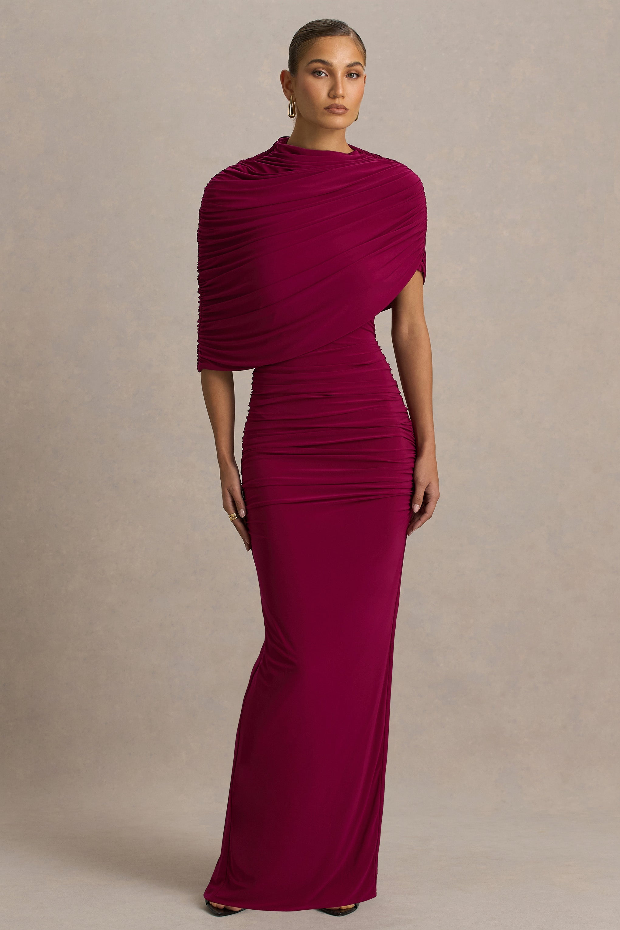 Glitz | Burgundy High-Neck Maxi Dress With Cape Sleeve and Ruched Detailing