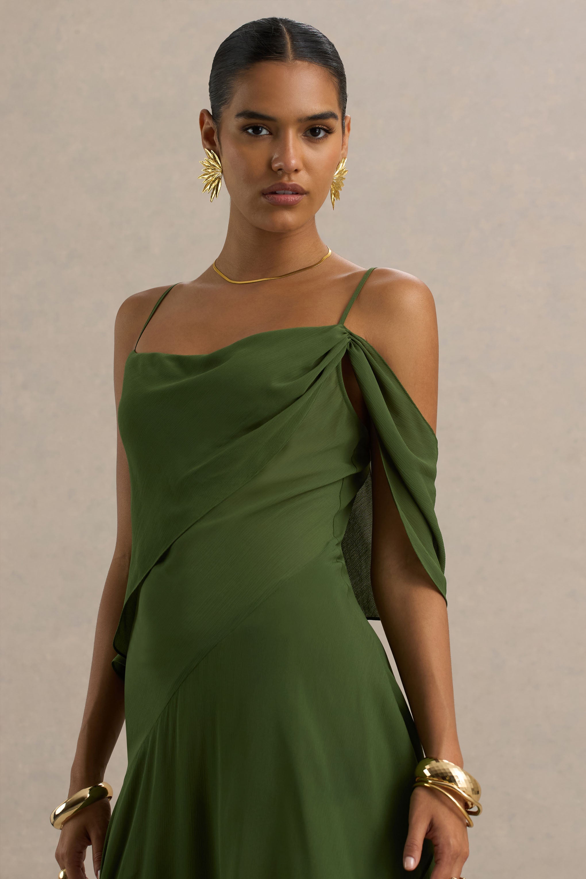 Tiara | Green Asymmetric Midi Dress With Draping Detailing and Open-Back