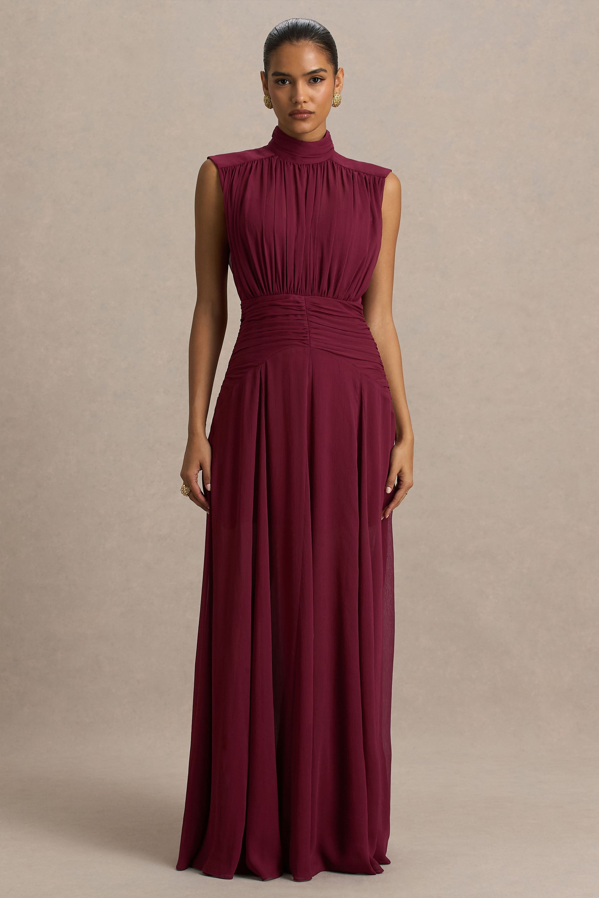 Melanina | Burgundy High-Neck Maxi Dress With Ruched Detailing