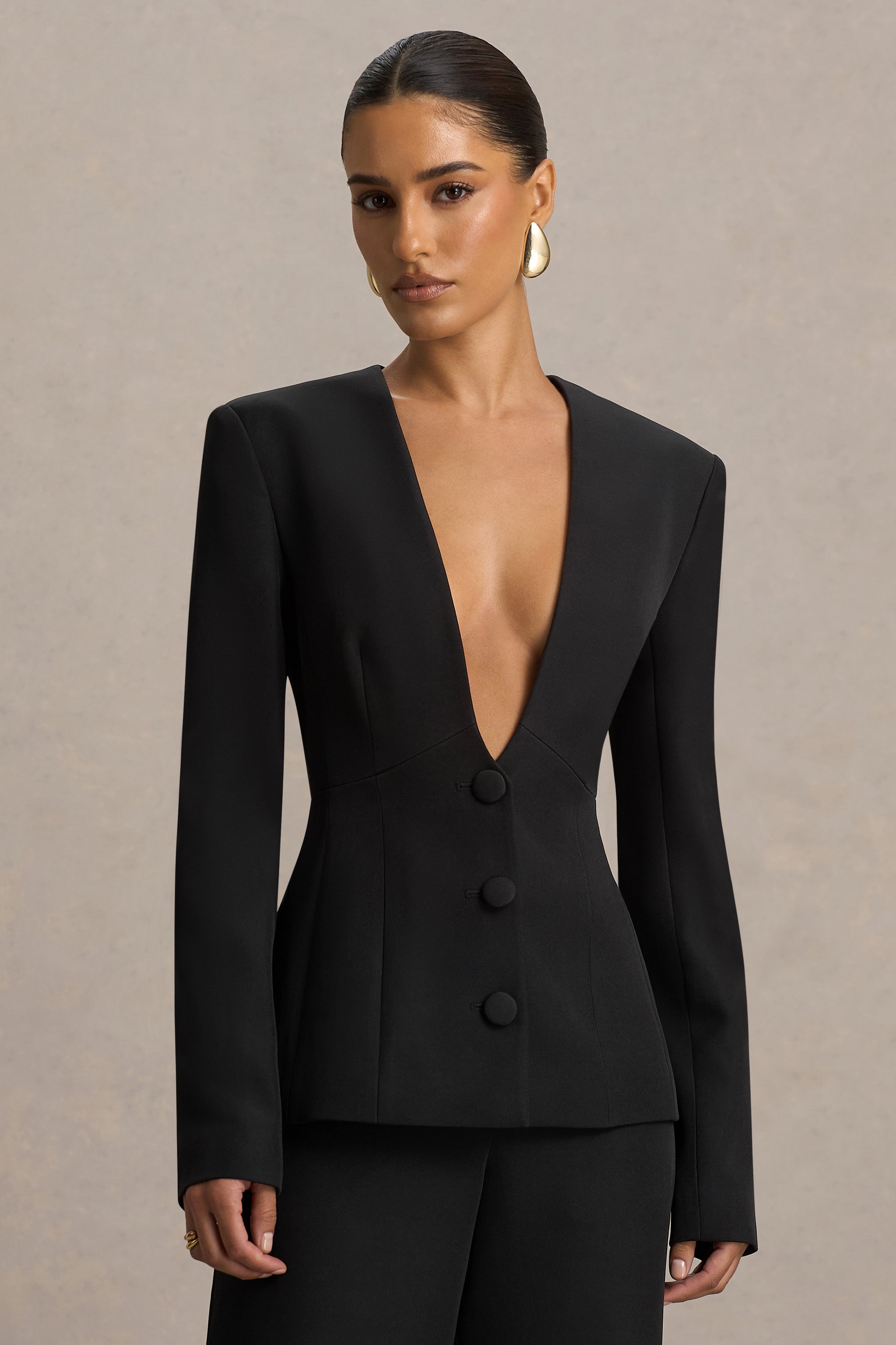 Rosalina | Black Extreme-Plunge Neck Tailored Blazer