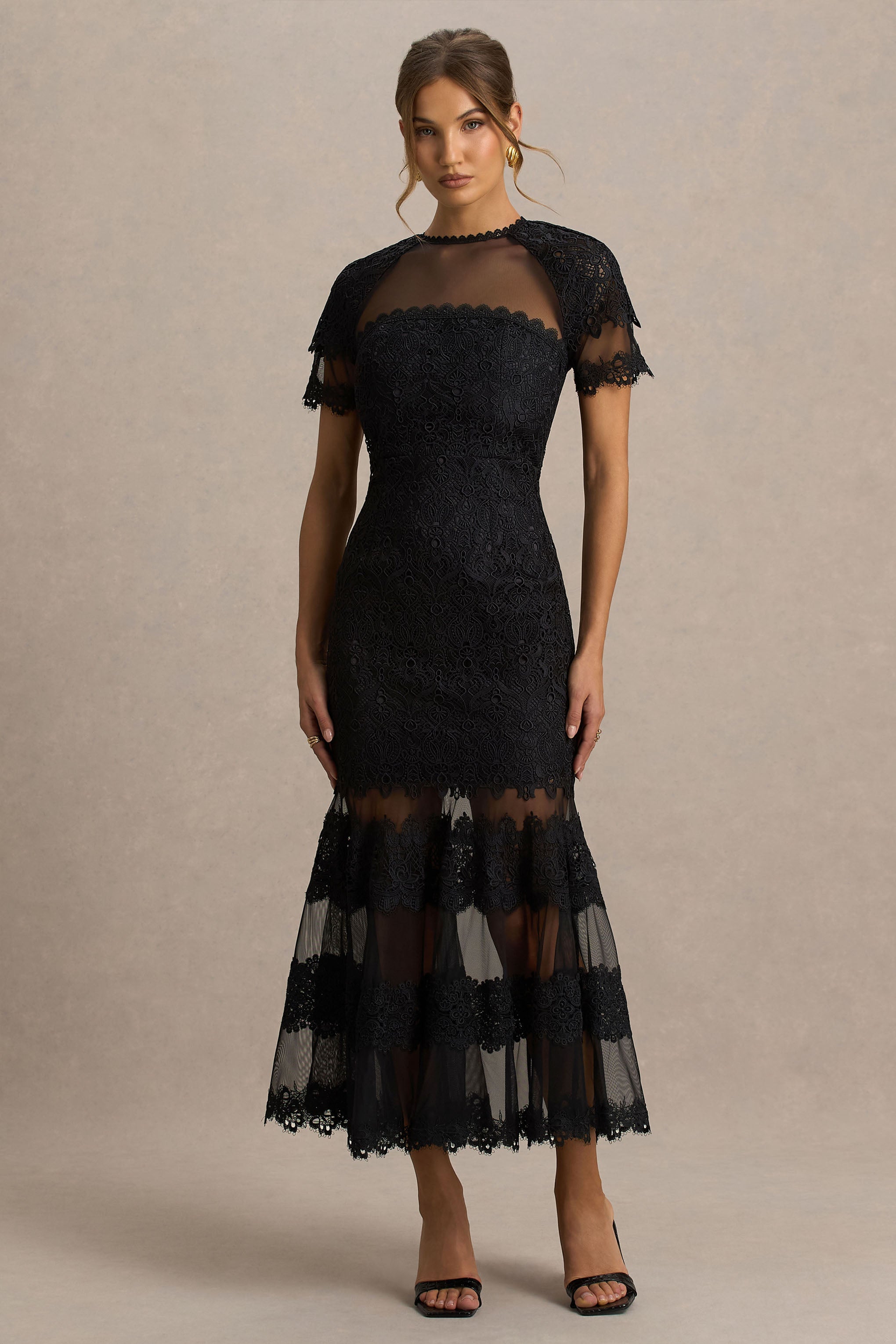 Leanne | Black Mesh And Lace Crew-Neck Fishtail Midi Dress