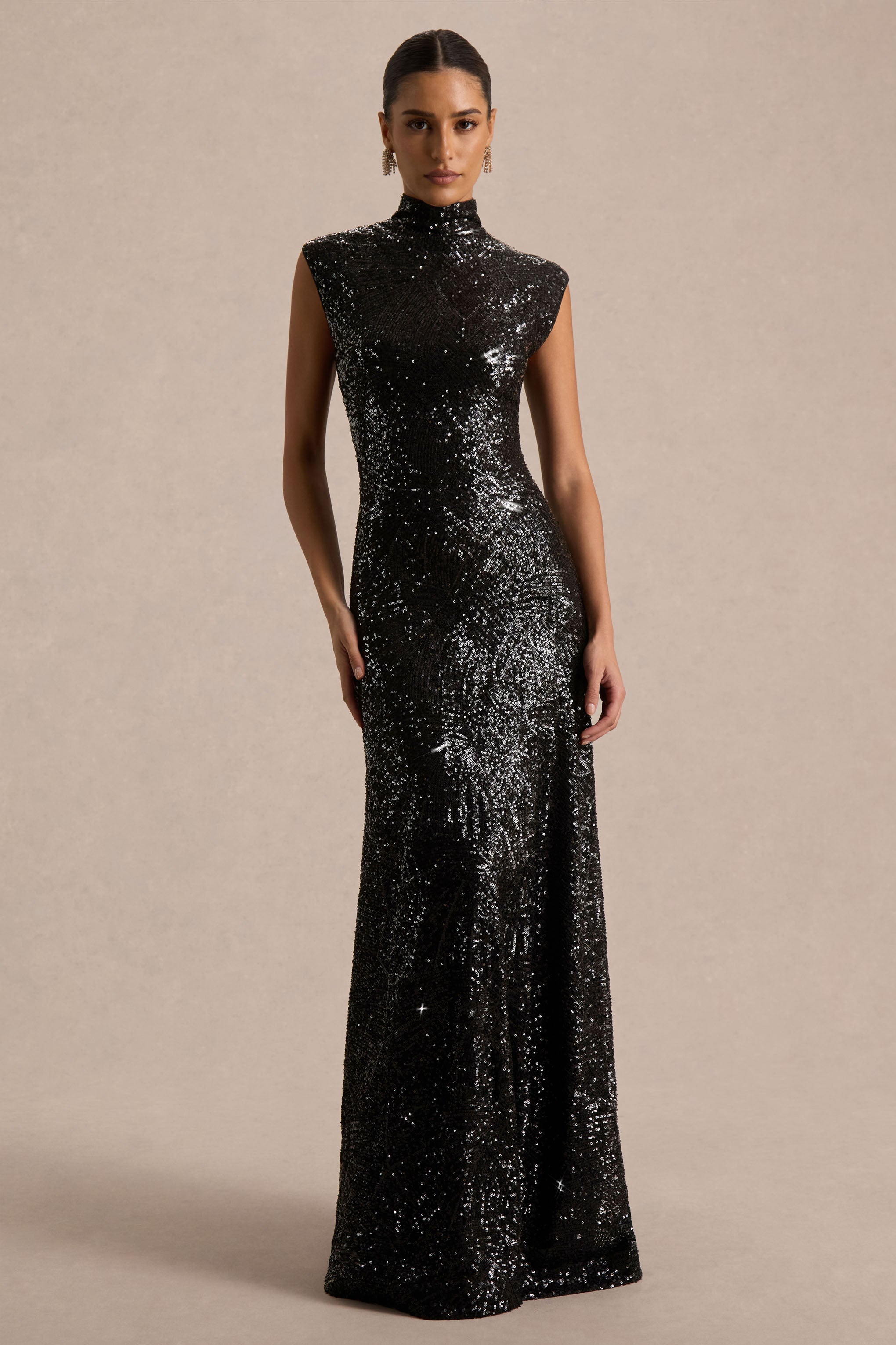 Cecy | Black Sequin High-Neck Maxi Dress With Cap Sleeves
