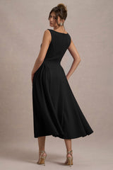 Muriel | Black Boat-Neck Volume-Hem Midi Dress