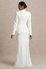 Pepita | Cream High-Neck Tailored Maxi Dress With Drop-Waist And Satin Skirt