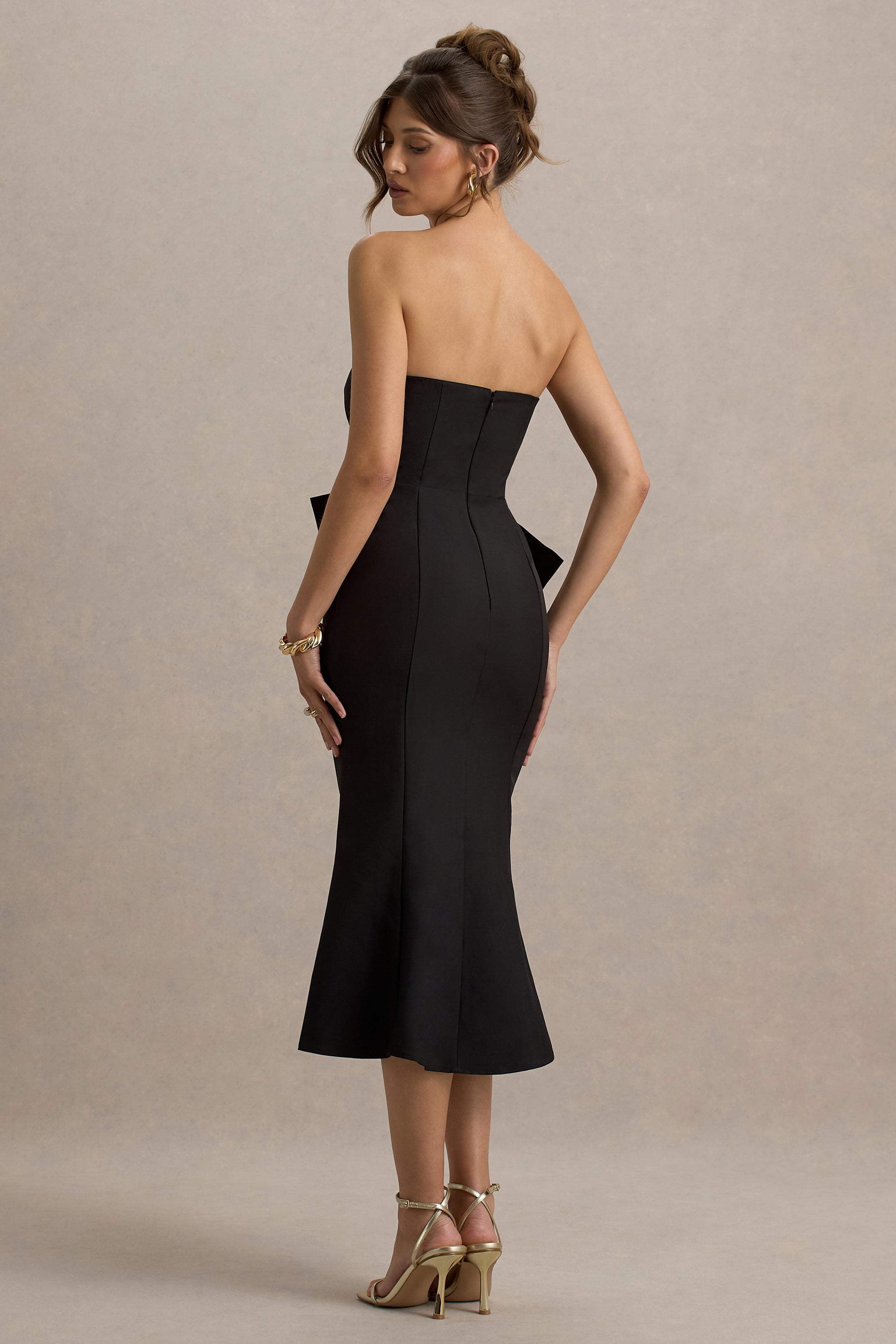 To Me | Black Bandeau Midi Dress With Oversized Bow