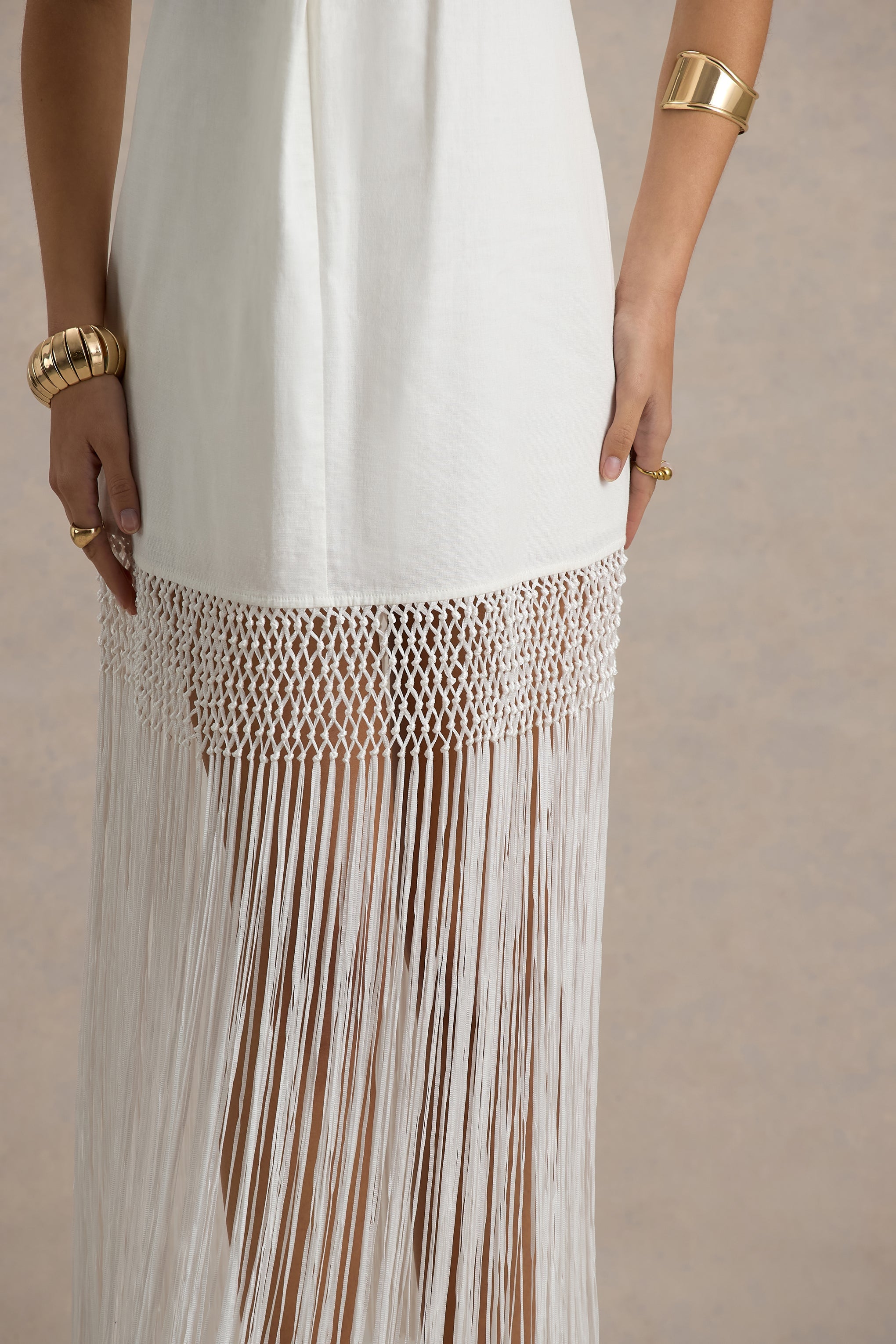 Fiametta | Ecru Linen Halter-Neck Fringe Maxi Dress