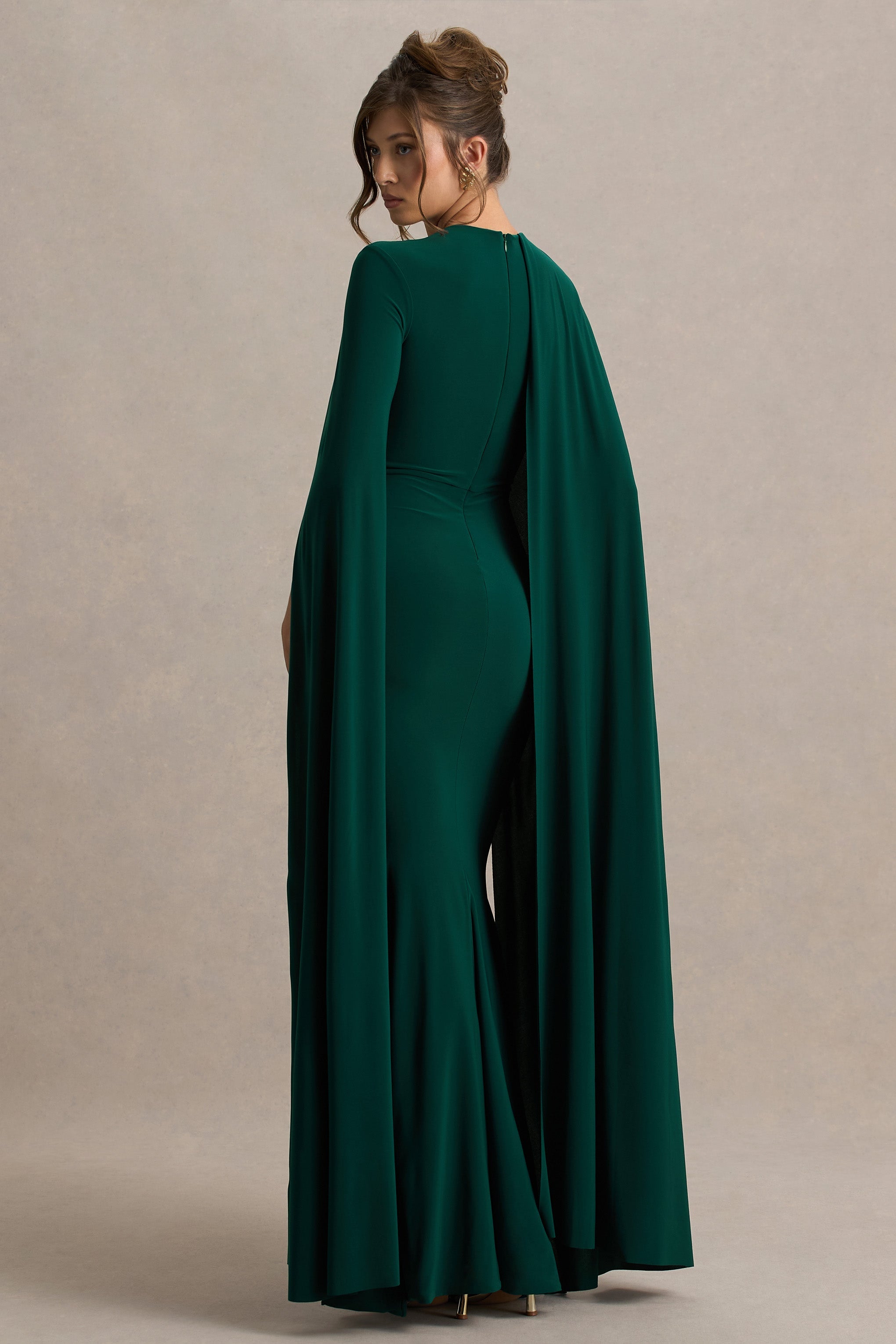 Magdelena | Bottle Green Asymmetric Cape Maxi Dress