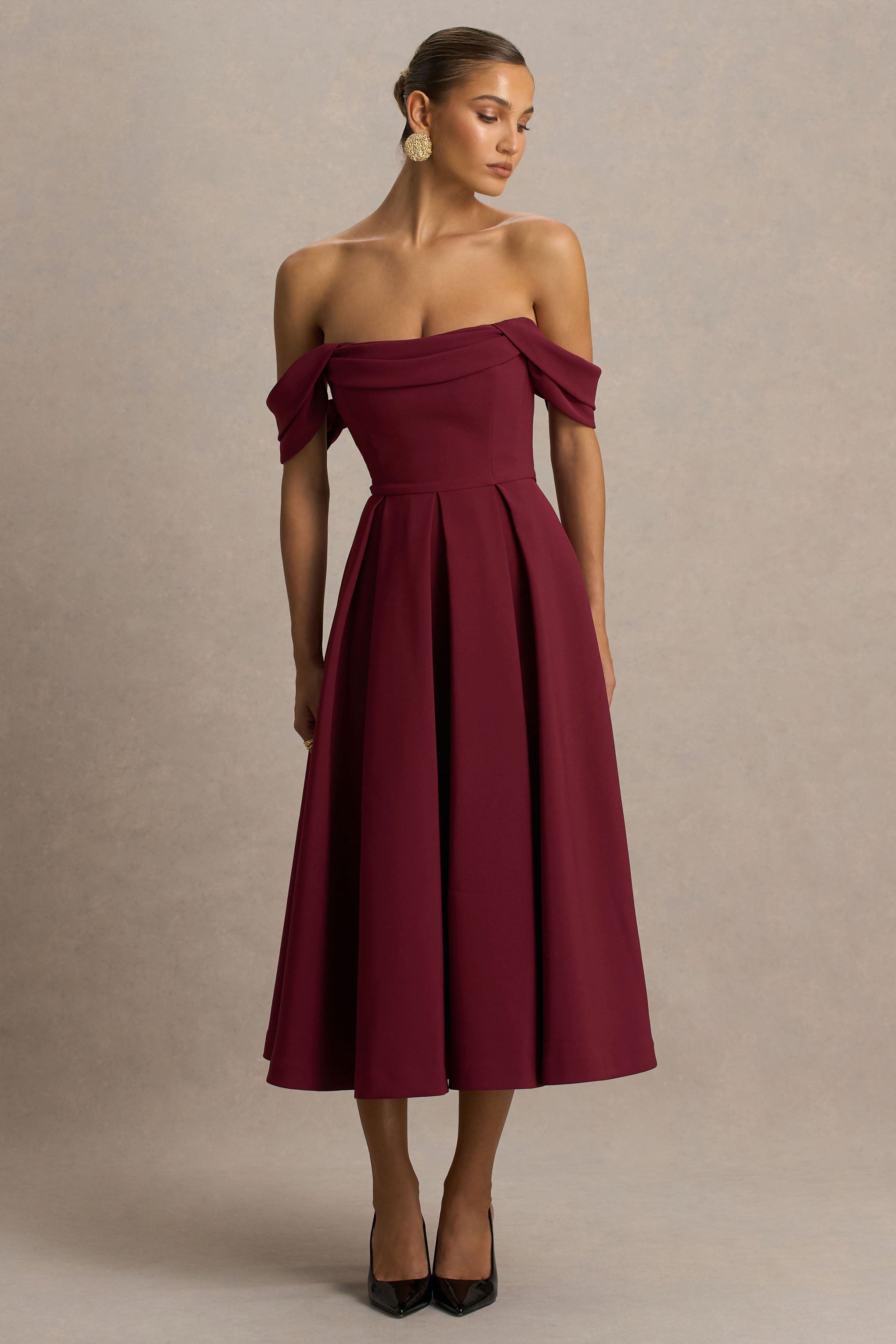 Cosima | Burgundy Bardot-Neck Midi Dress