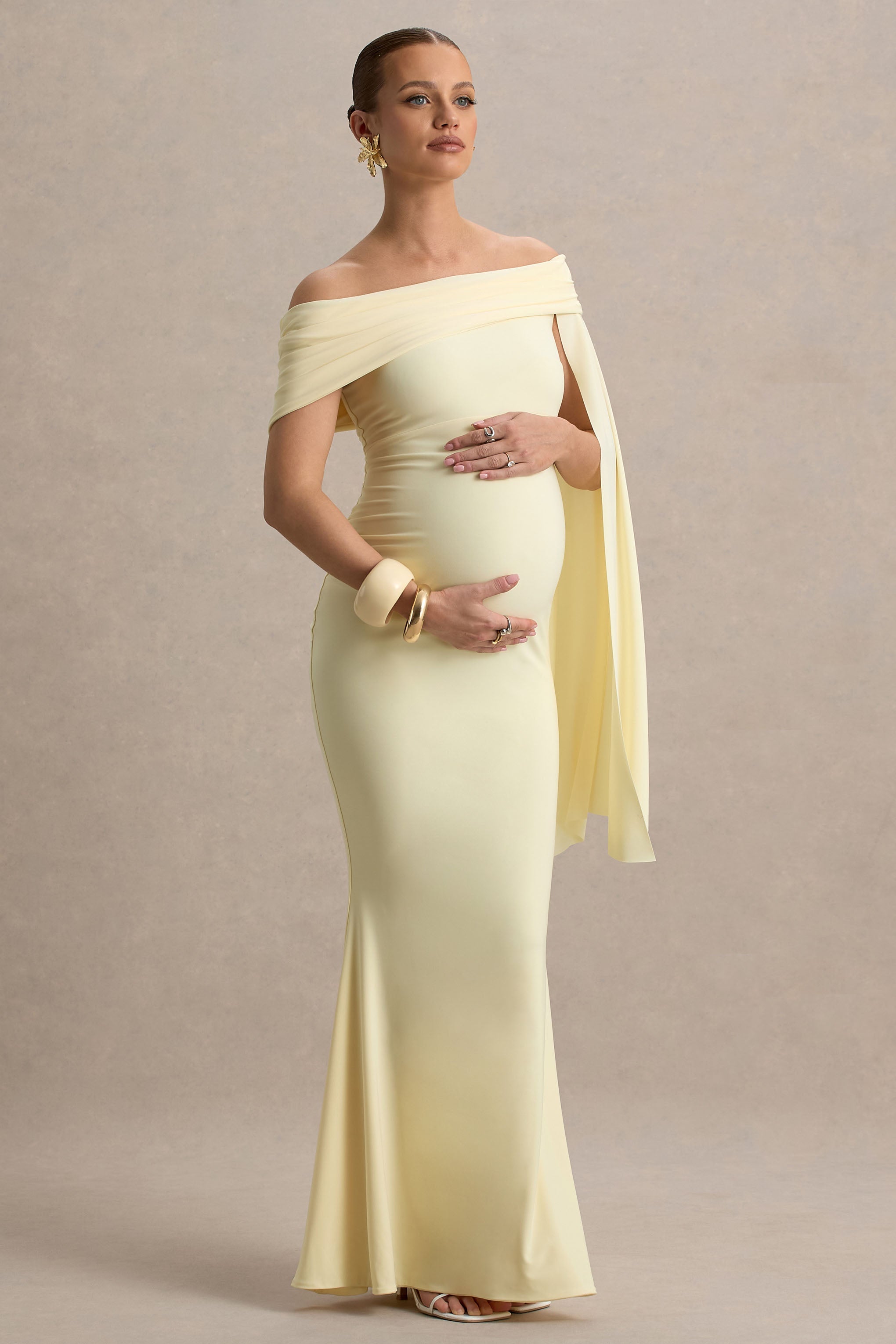 Aquila | Lemon Bardot Maternity Maxi Dress With Draped Detail