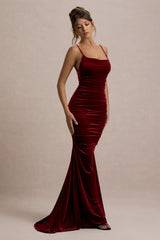 Adele | Berry Velvet Ruched Strappy Fishtail Maxi Dress