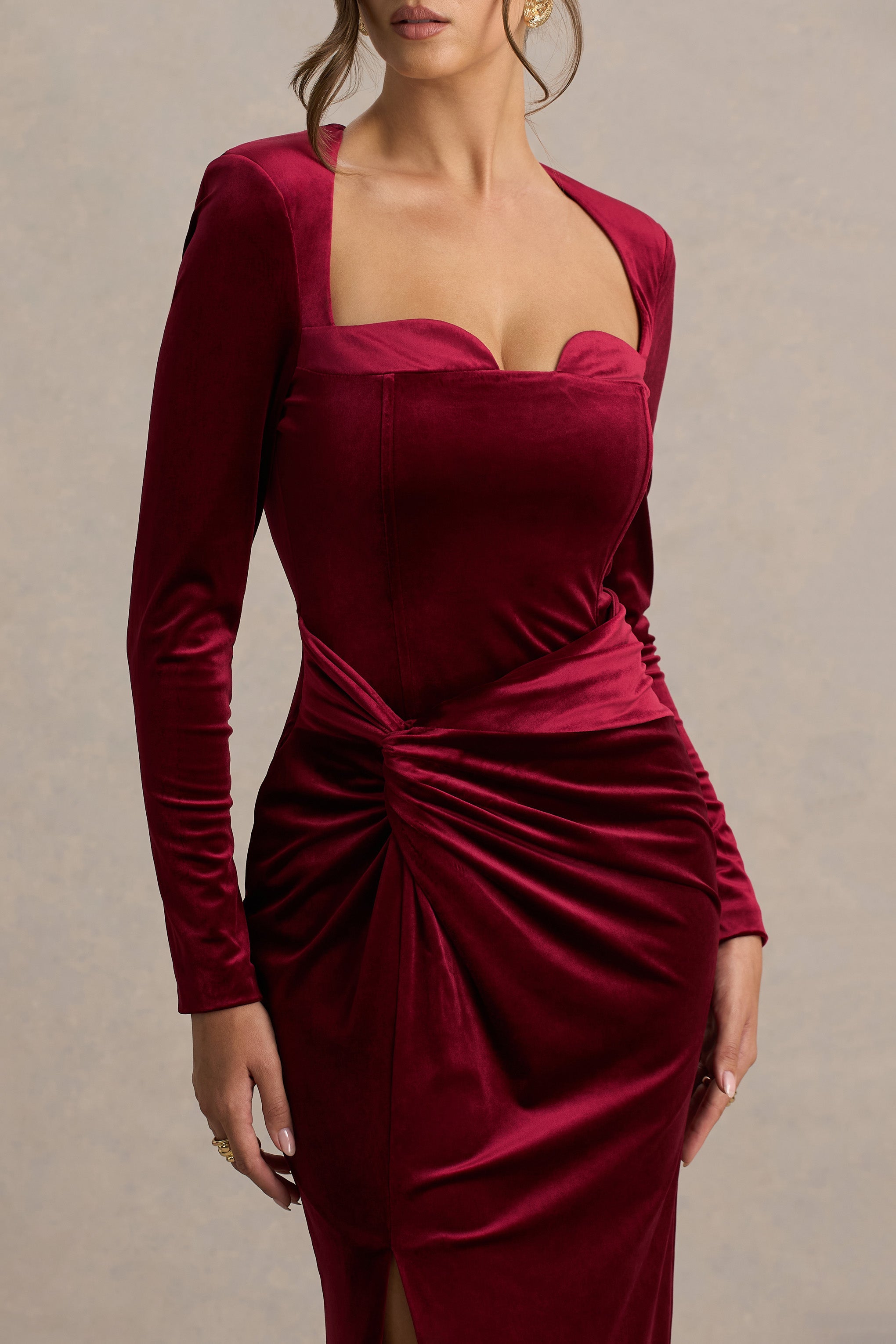 Fay | Berry Velvet Corset Style Knot Maxi Dress