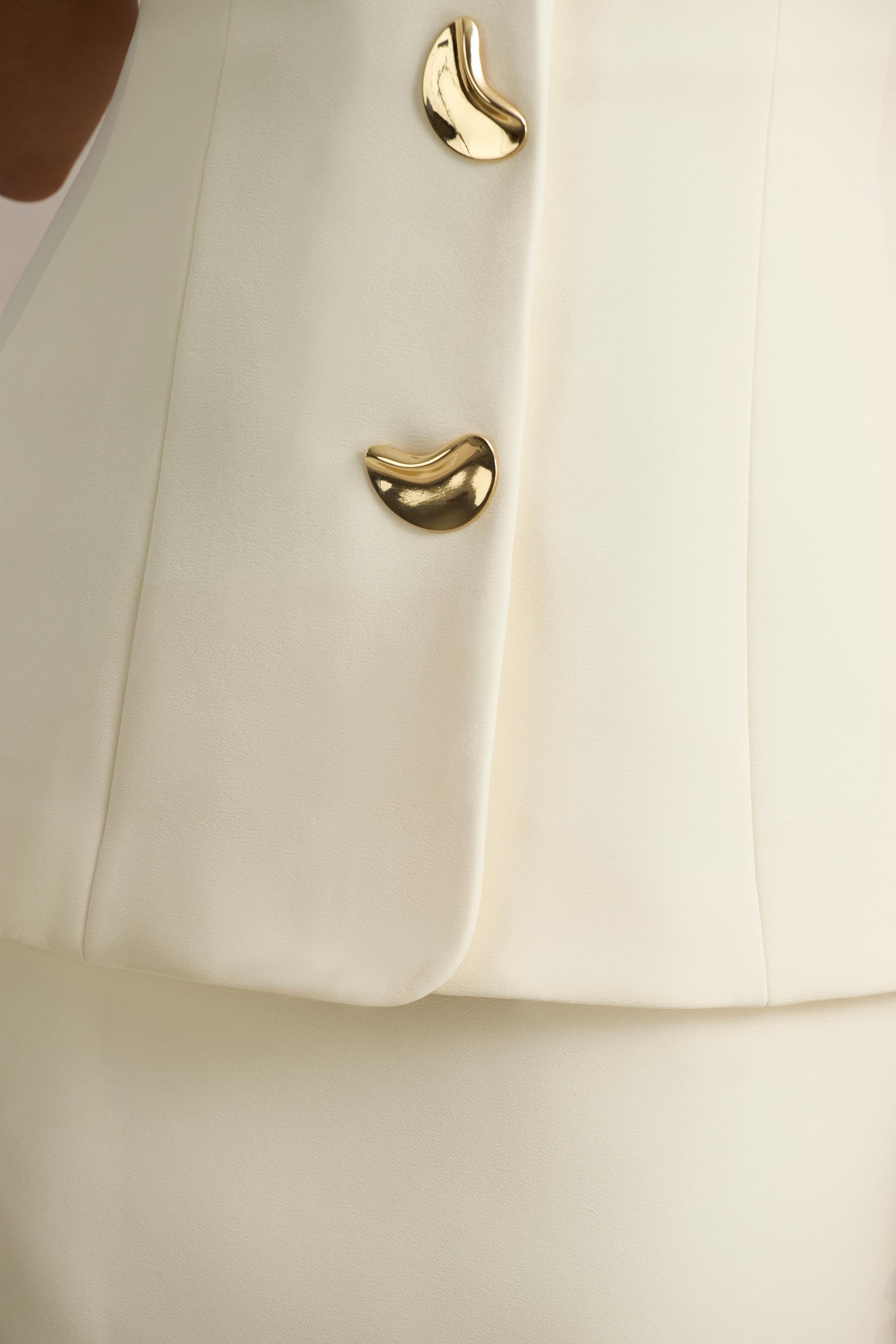 Angel | Cream Plunge-Neck Tailored Mini Dress With Gold-Detailing