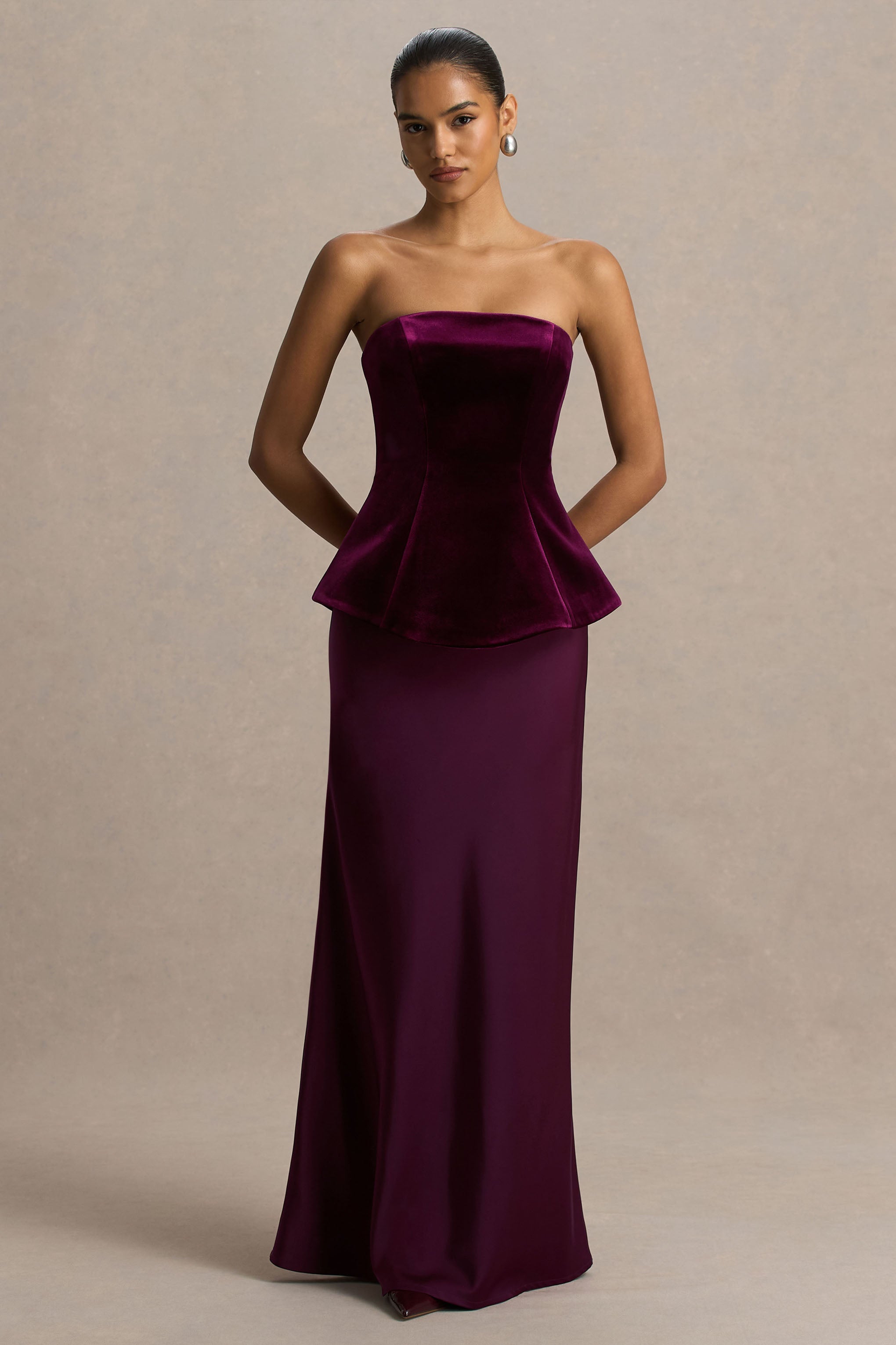 Indulgent | Burgundy Velvet And Satin Bandeau Corset Maxi Dress