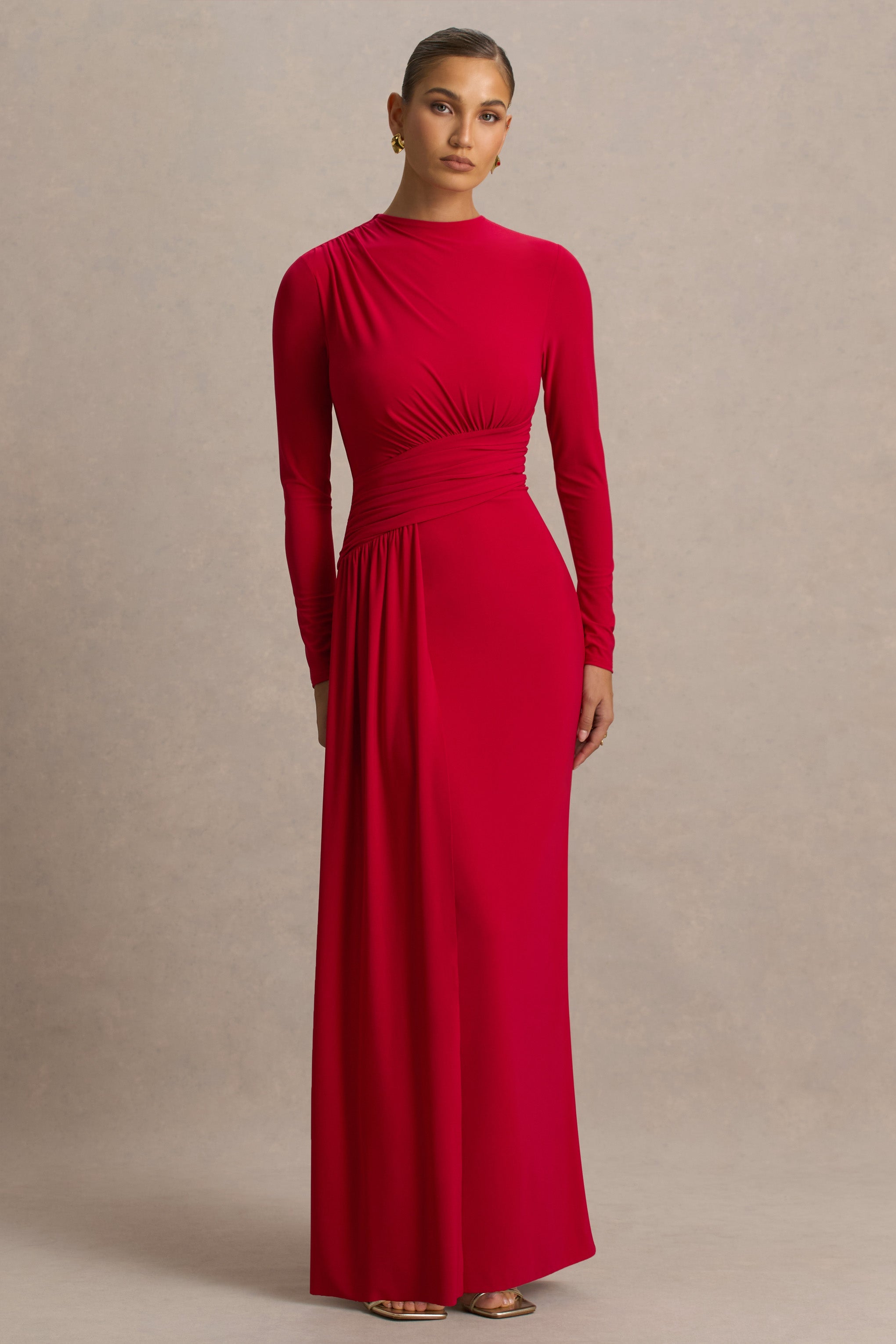 Virelle | Red Boat-Neck Maxi Dress With Wrap Detail And Sash