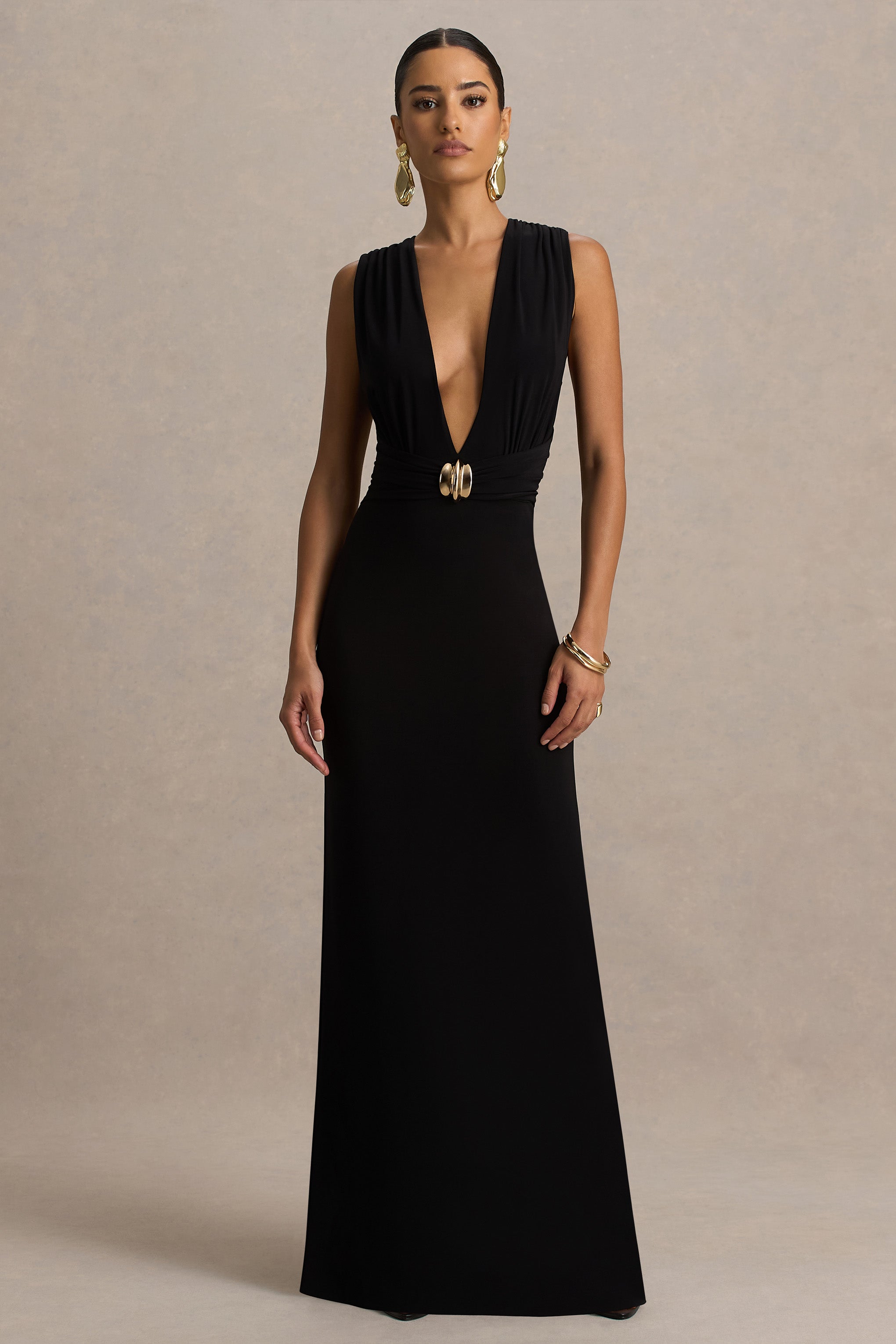 Alena | Black Extreme-Plunge Neck Maxi Dress With Gold Detail
