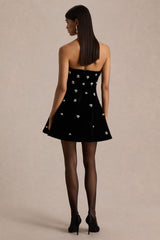 Tessa | Black Hand-Embellished Velvet Bandeau Mini Dress