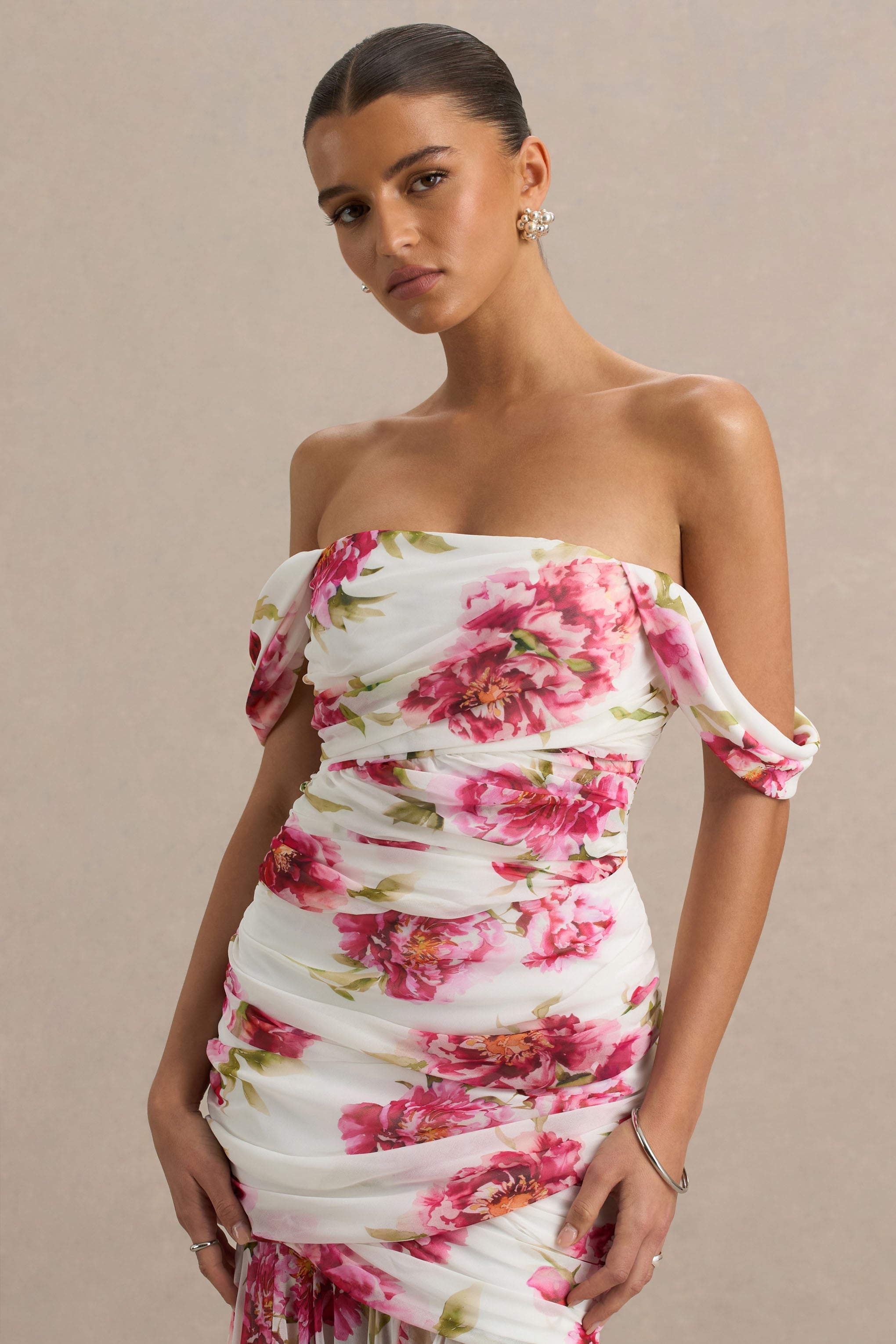 Madelyn | Cream Floral Print Short-Sleeve Bardot Wrap Maxi Dress With Ruching