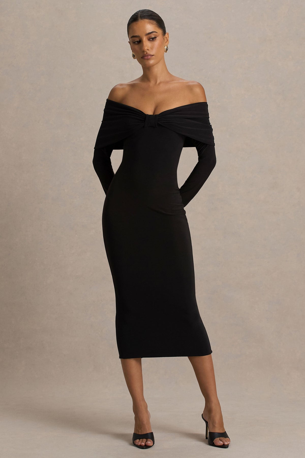 Spark | Black Bardot-Neck Midi Dress With Bow Detail