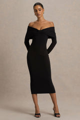 Spark | Black Bardot-Neck Midi Dress With Bow Detail