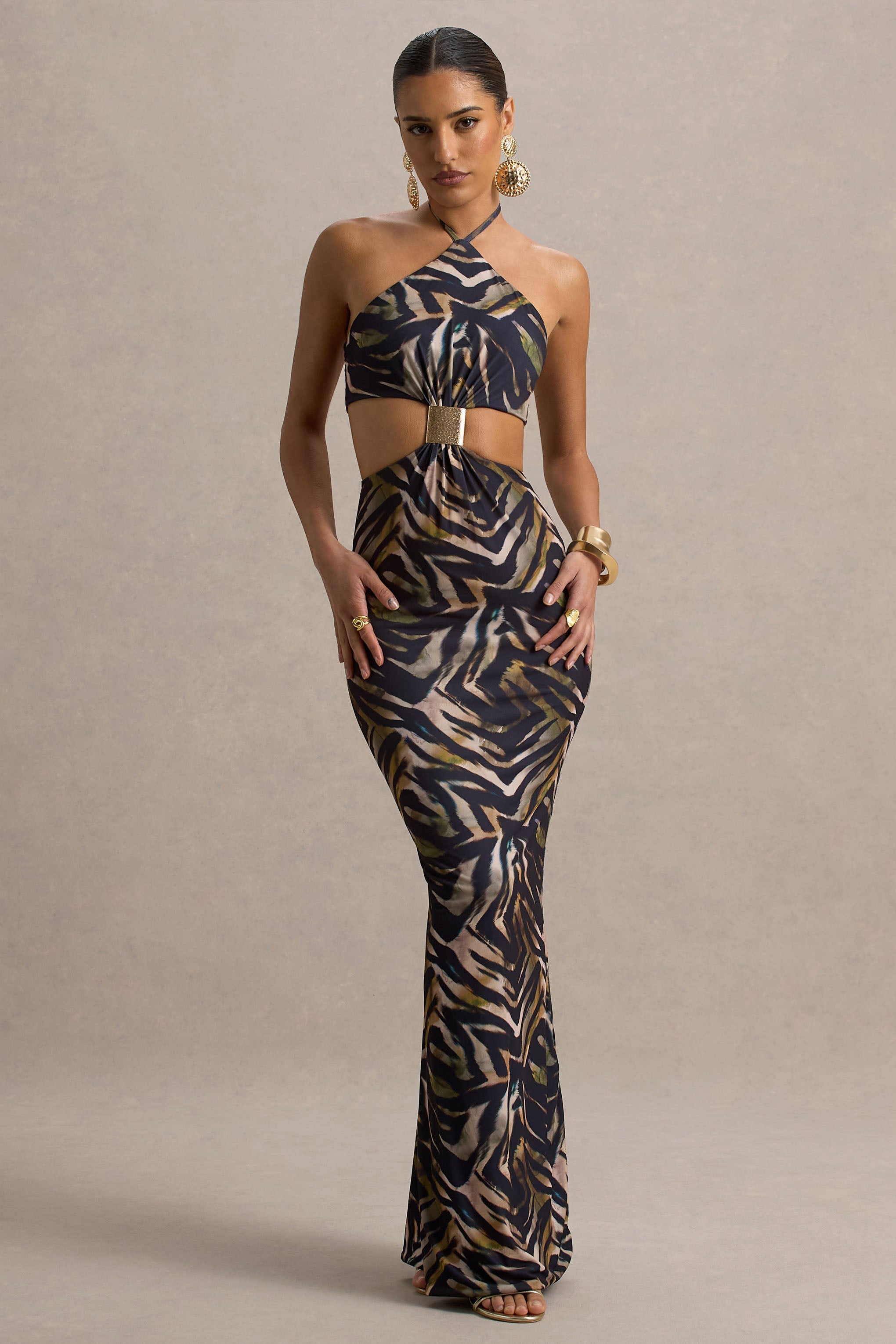 Olina | Zebra Print Halter-Neck Cut-Out Maxi Dress