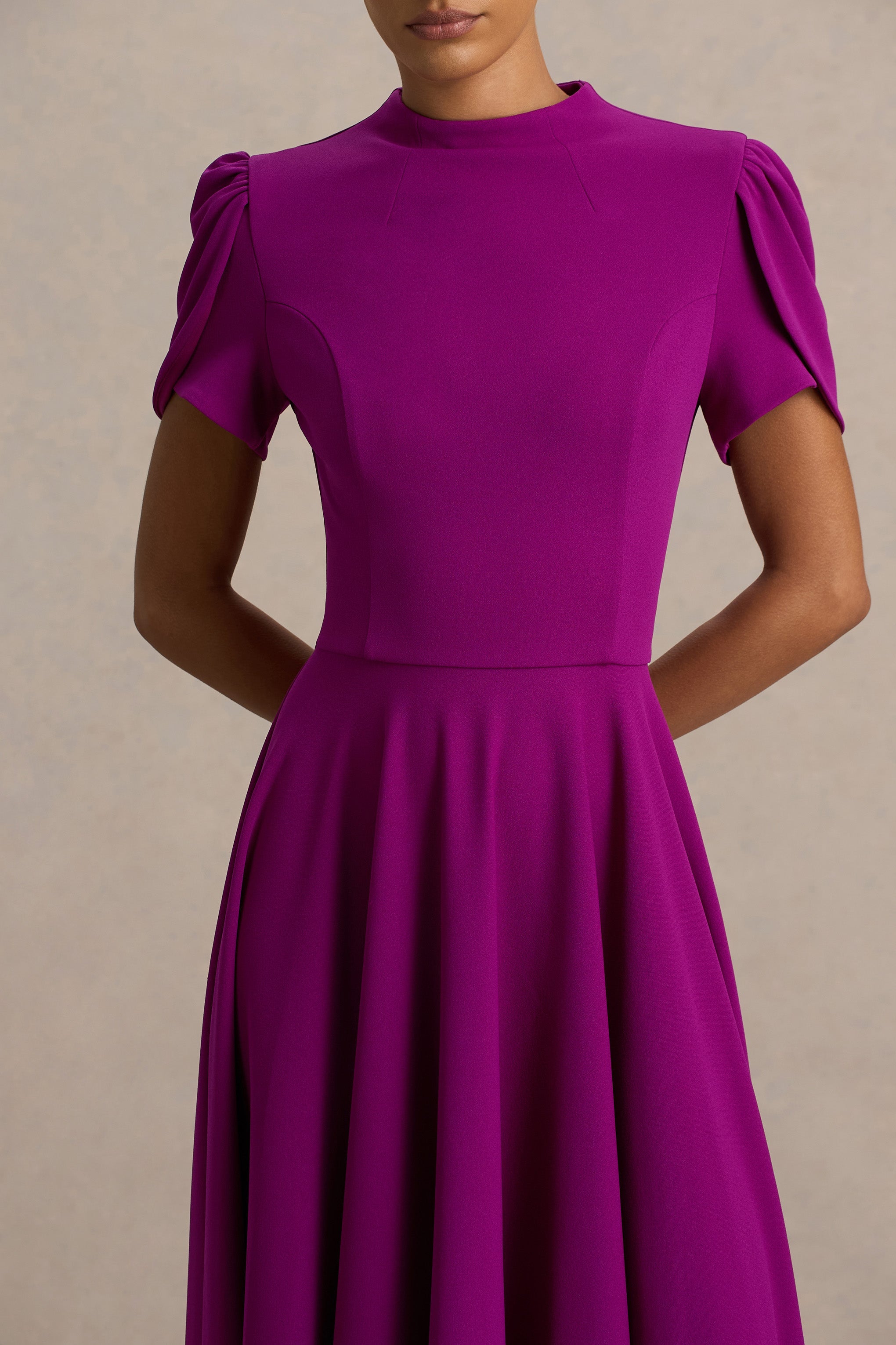 Vicky | Mulberry High Neck Midi Dress With Puff Sleeves