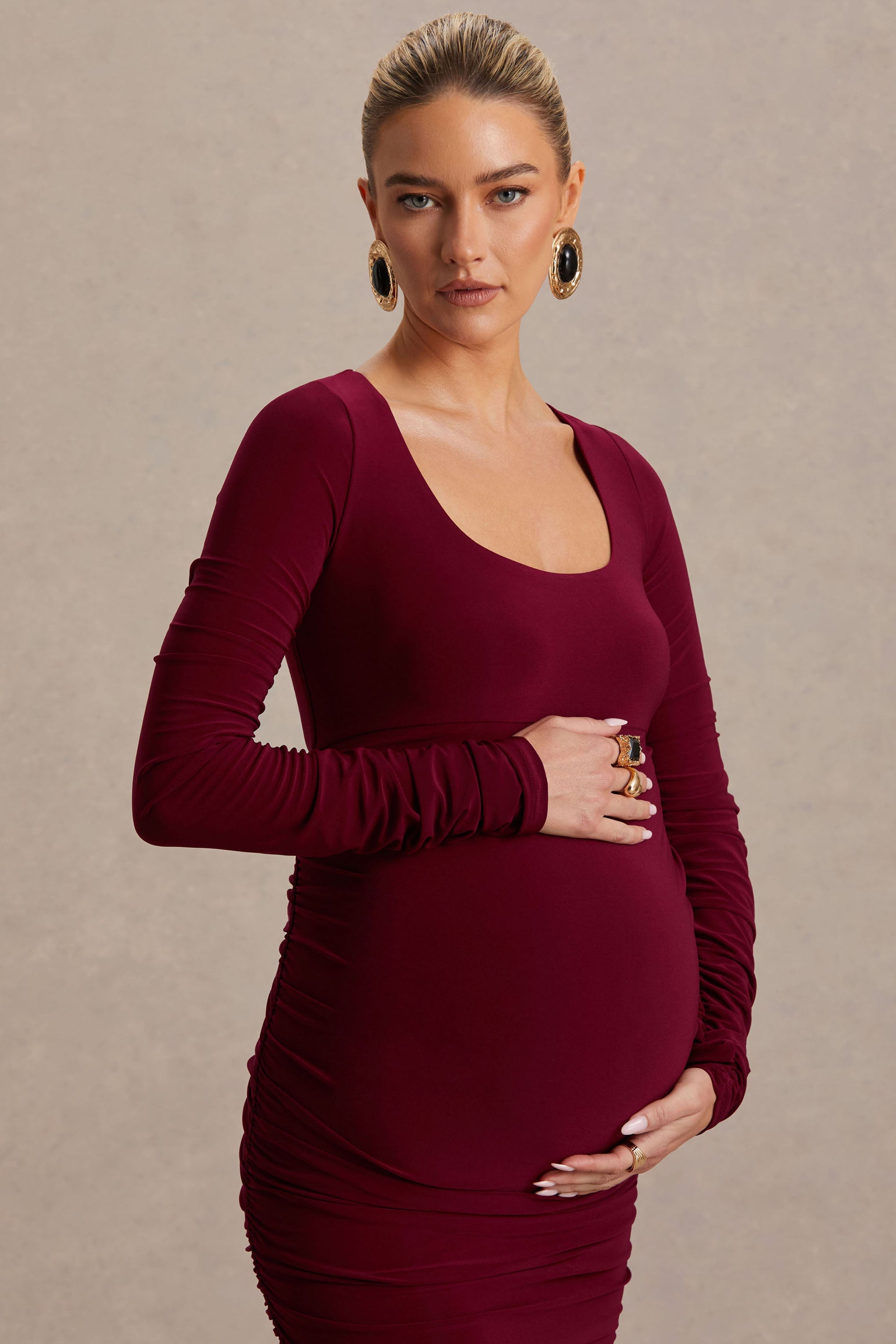 Saffron | Berry Scoop-Neck Maternity Midi Dress