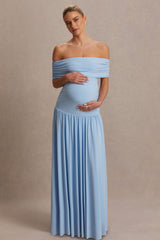 Juliette | Powder Blue Bardot-Neck Maternity Maxi Dress With Drop-Waist