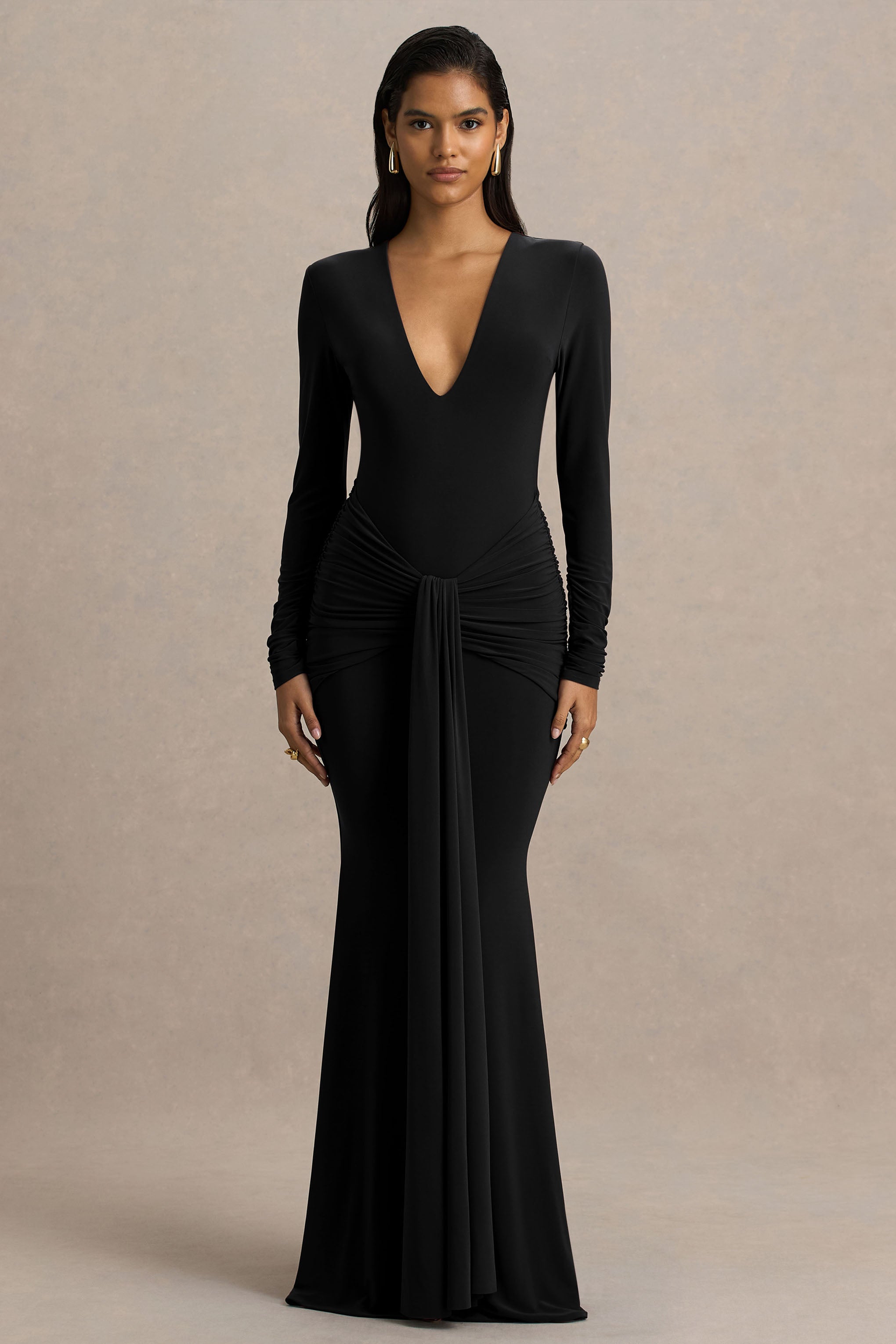 Saffie | Black Extreme-Plunge Wrap Maxi Dress With Long-Sleeves And Ruched Detailing