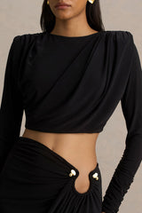 Fluxy | Black Long-Sleeved Crop-Top With Ruched Detailing