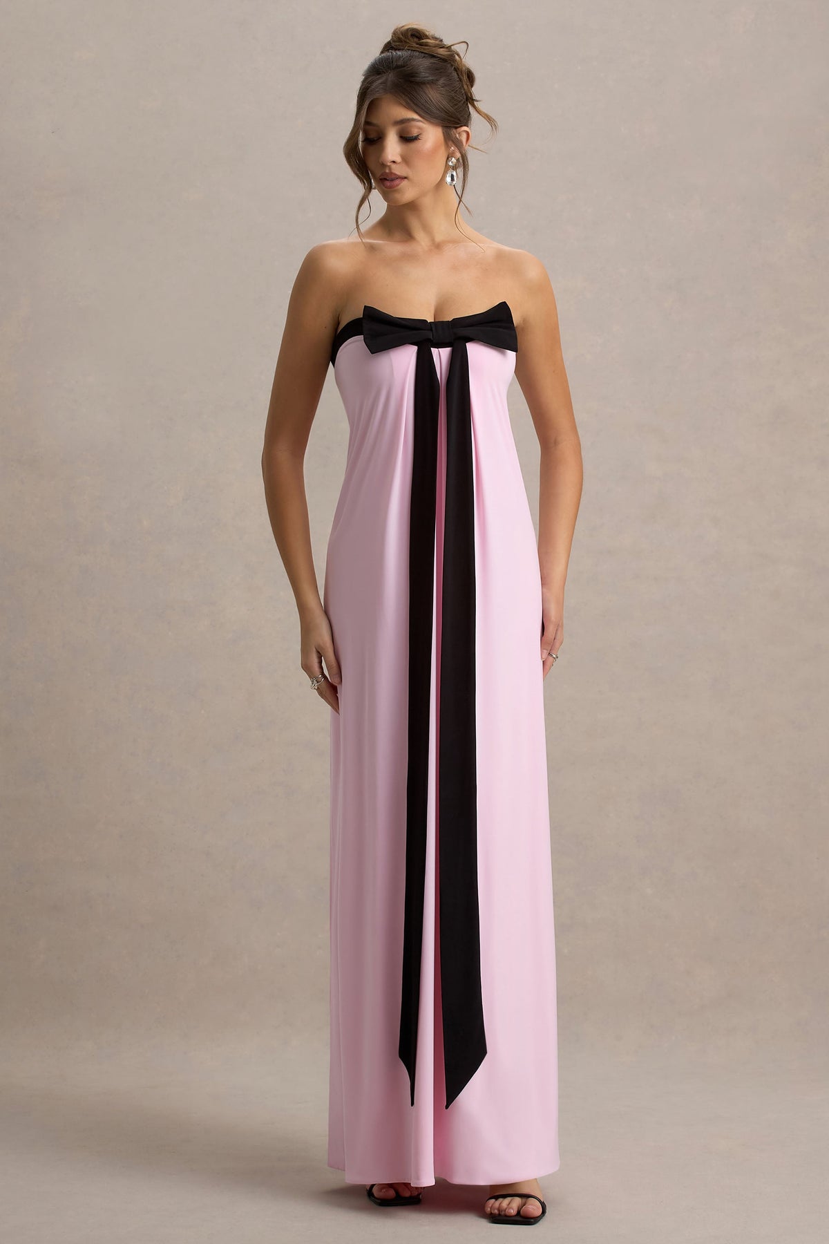 Mckenna | Pink Strapless Maxi Dress With Black Bow