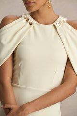 Yulia | Sand High-Neck Maxi Dress With Cape Sleeves