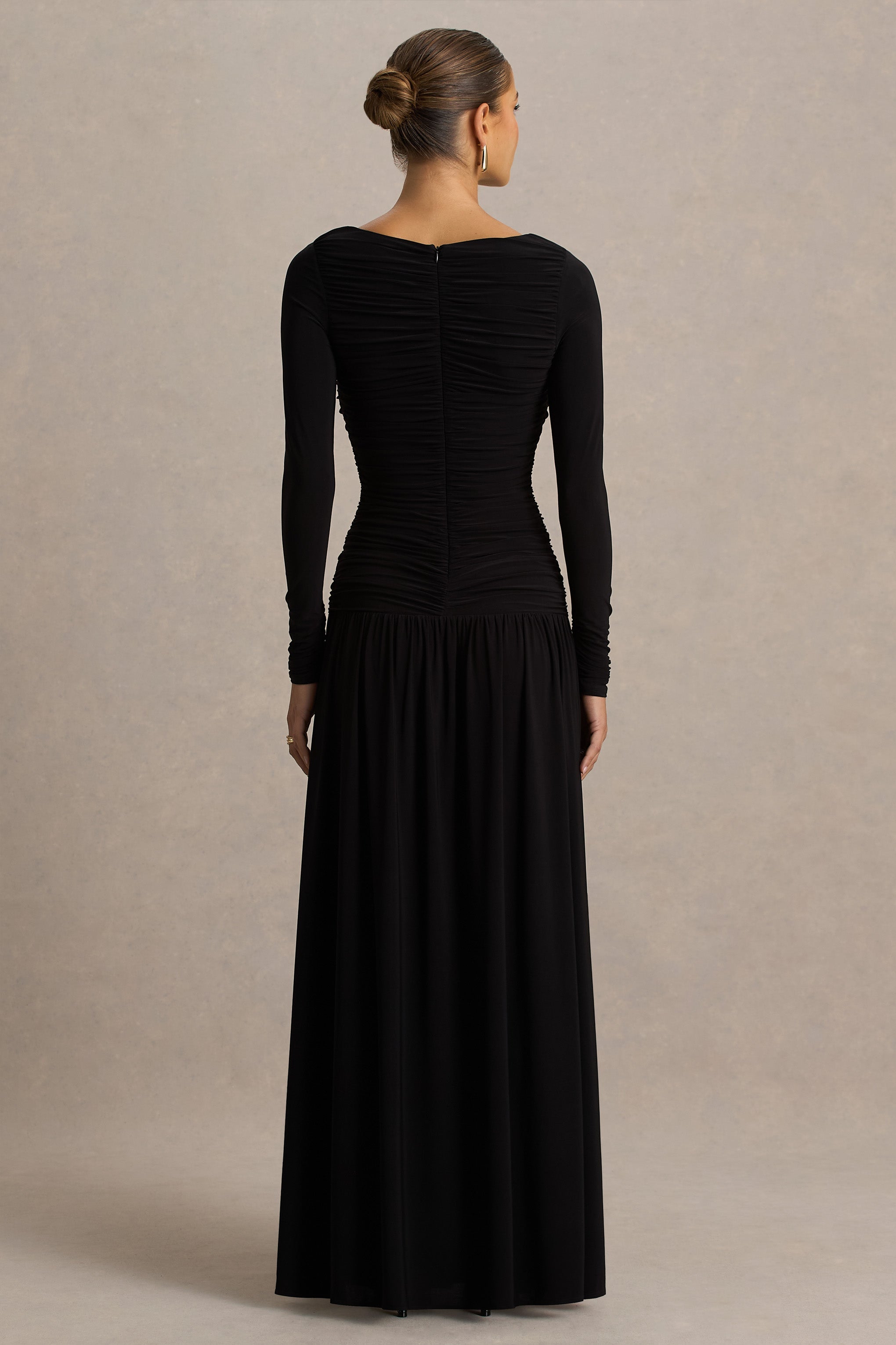 Aniyah | Black High-Neck Maxi Dress With Ruched Detailing