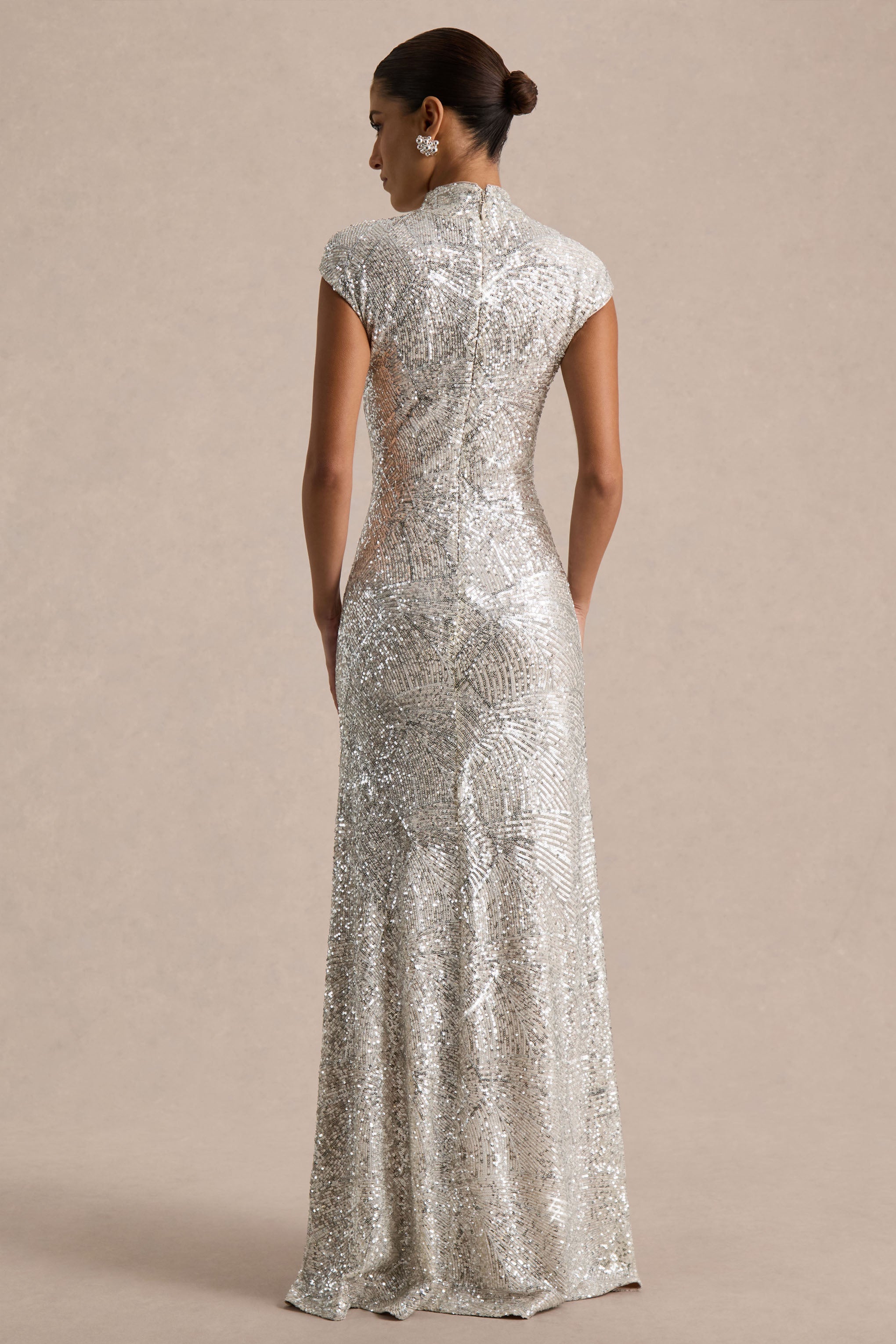 Cecy | Silver Sequin High-Neck Maxi Dress With Cap Sleeves