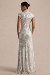 Cecy | Silver Sequin High-Neck Maxi Dress With Cap Sleeves