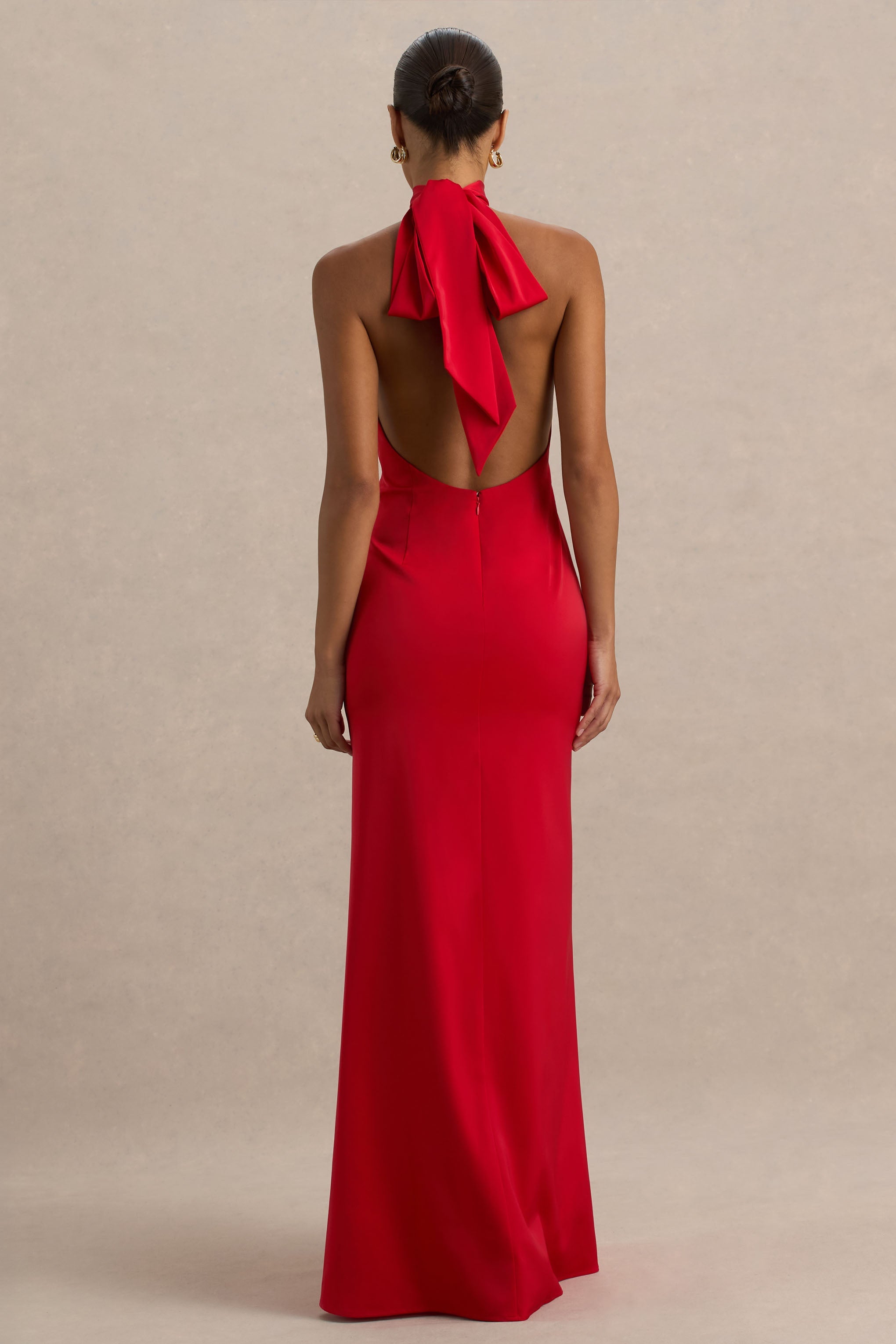 Lenora | Red Halter-Neck Maxi Dress with Ruched Detailing and Split
