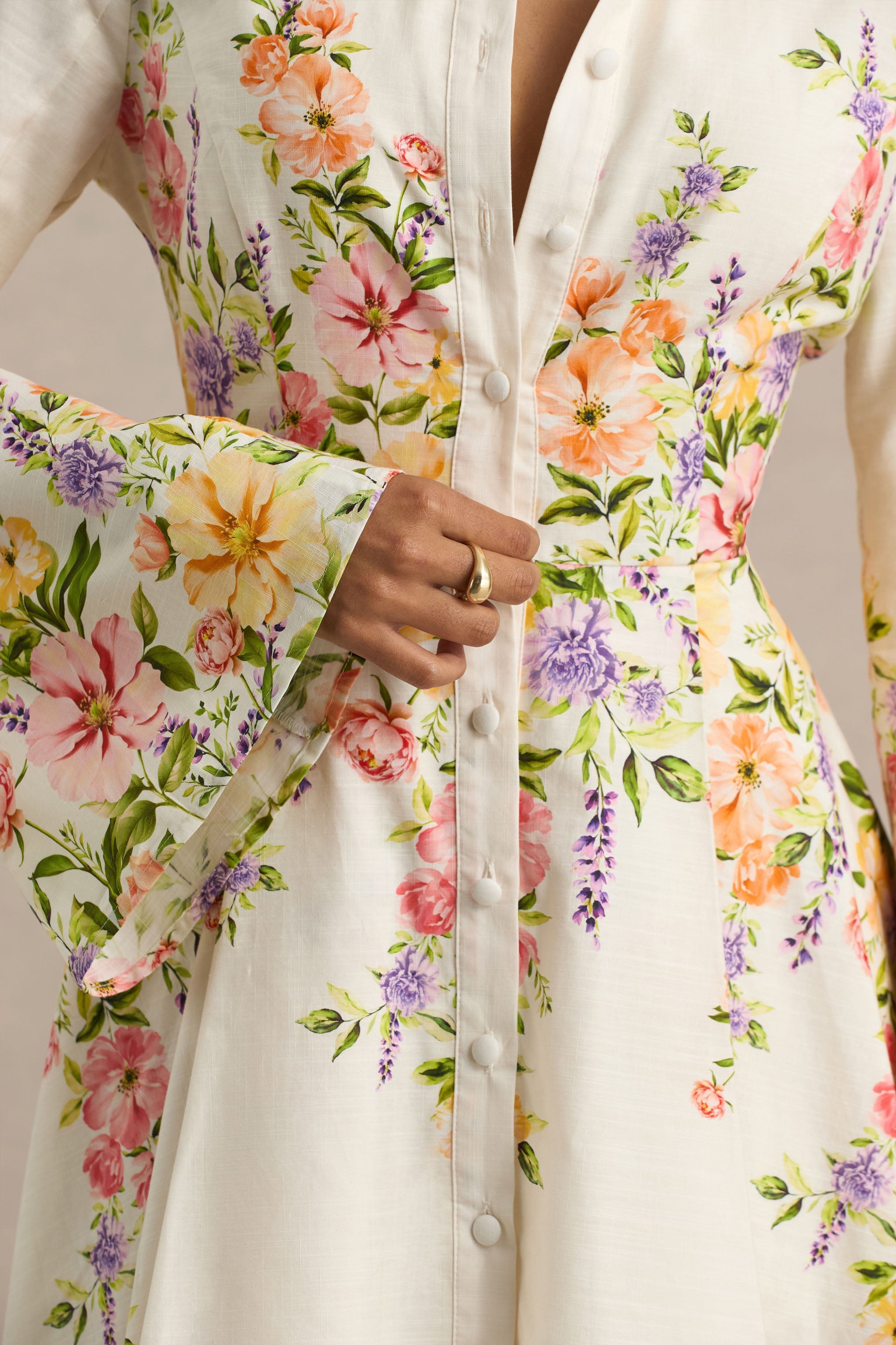 Alma | White Floral Border Print Shirt Mini Dress With Fluted Sleeves