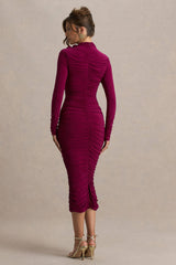 Tamara | Burgundy Long-Sleeve Ruched Midi Dress