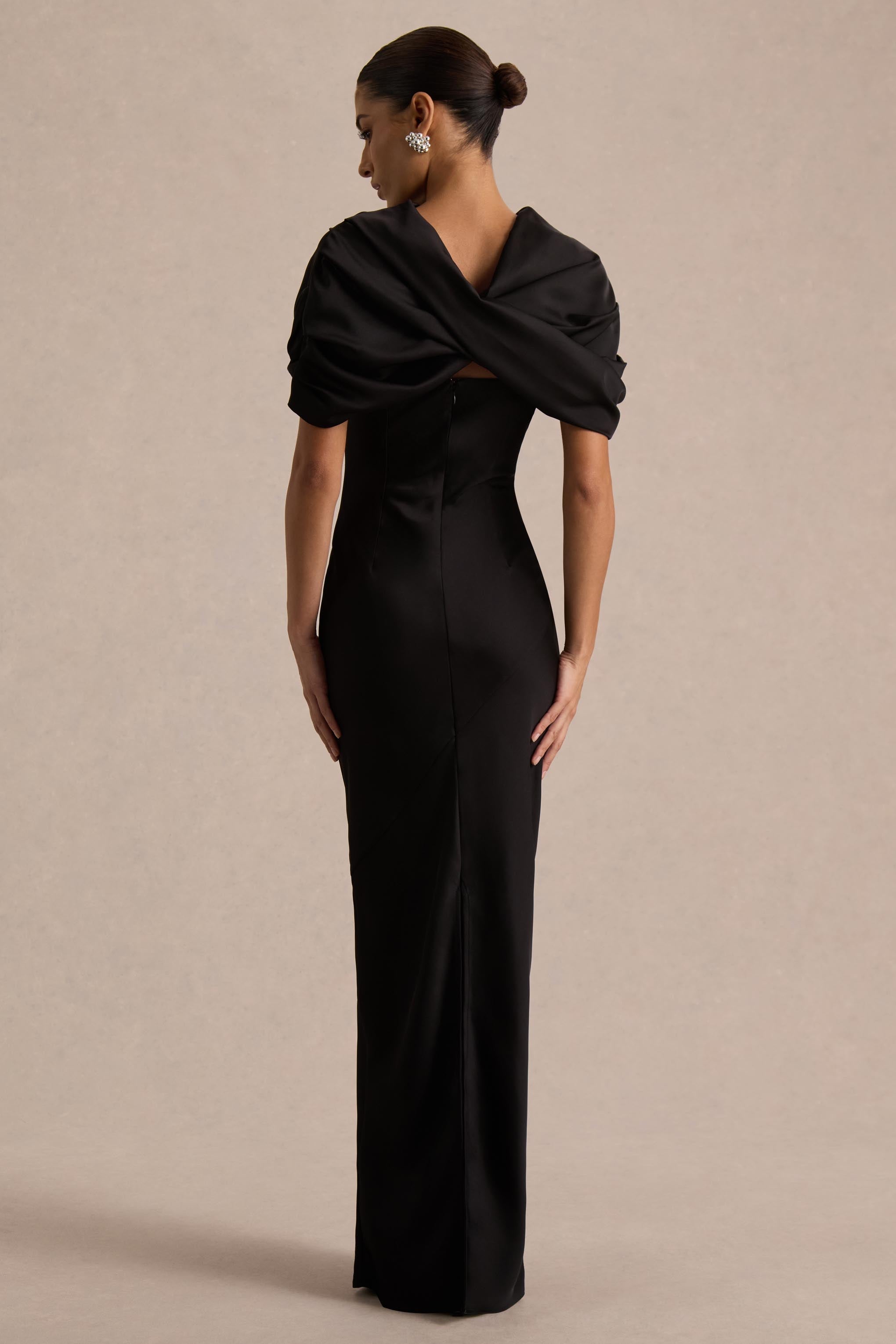 Yoli | Black Satin Maxi Dress With Removable Twist-Cape