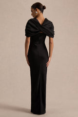 Yoli | Black Satin Maxi Dress With Removable Twist-Cape