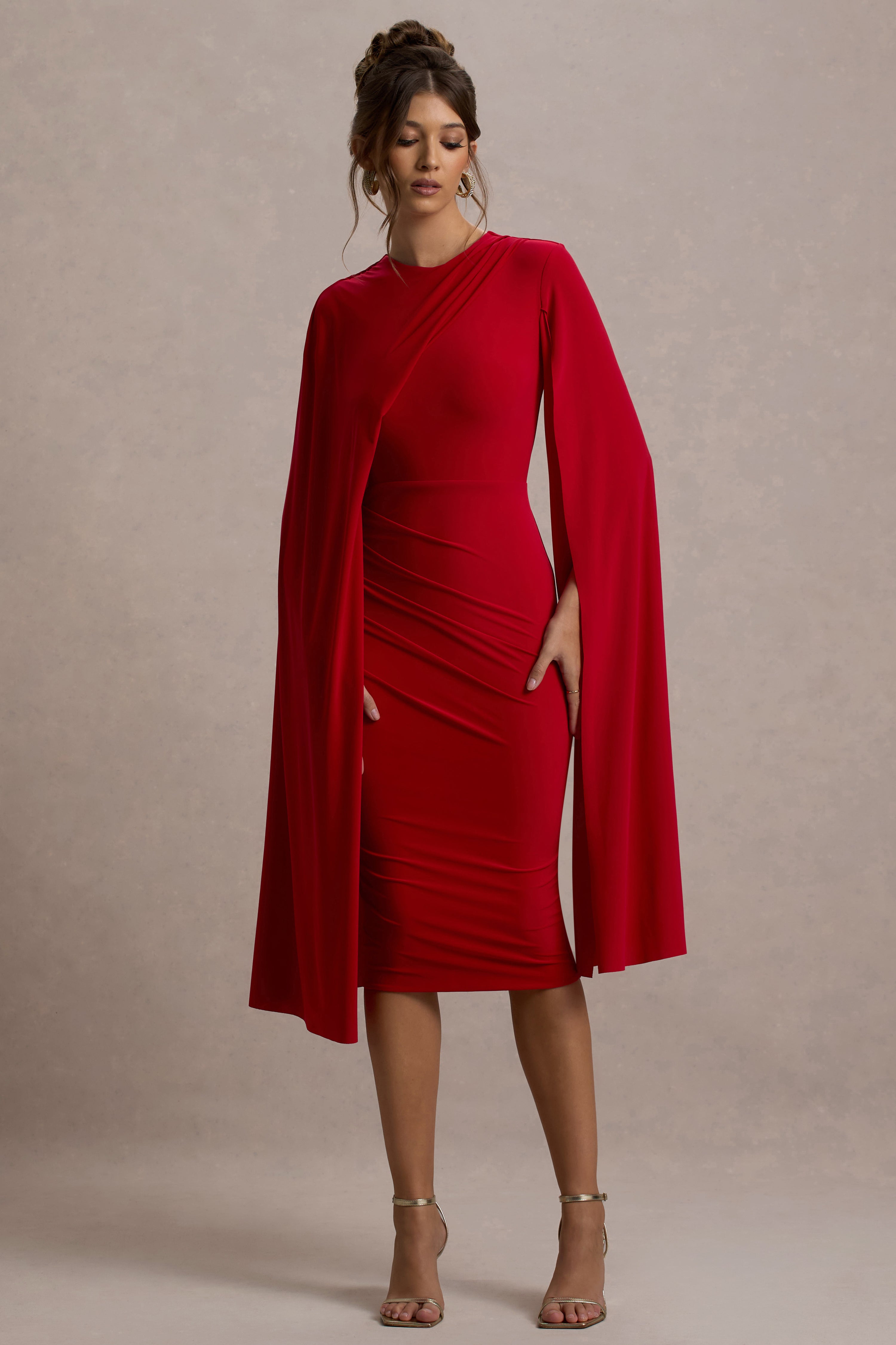 Marysol | Red Asymmetric Cape Midi Dress
